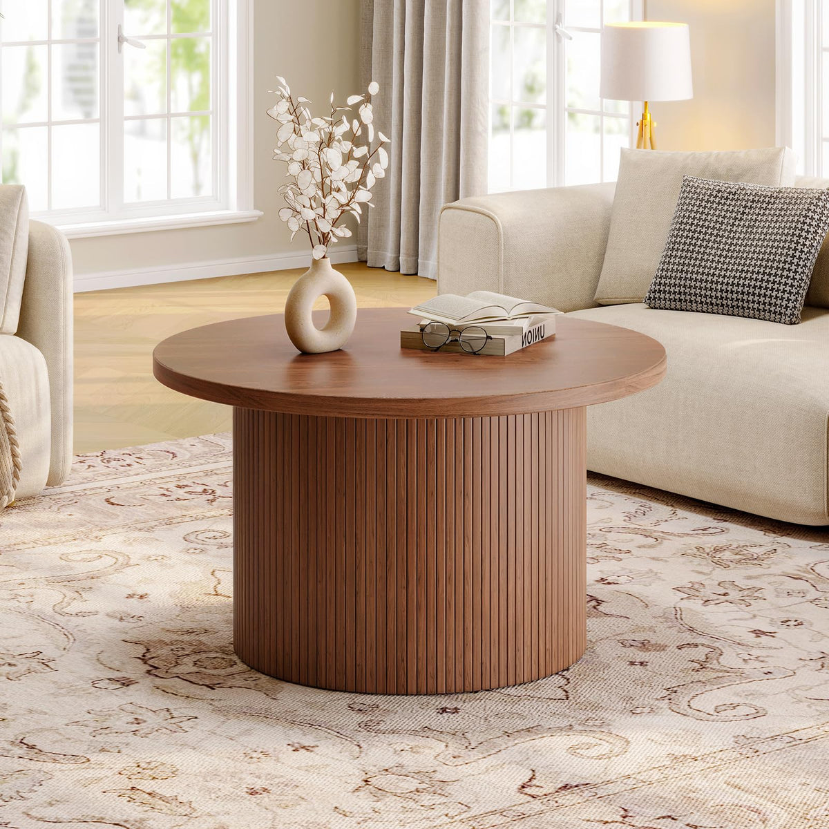 ONBRILL 31.5" Round Coffee Table, Tambour Design Coffee Tables for Living Room, Mid Century Modern Wood Coffee Table, Drum Accent Small Center Table, Walnut