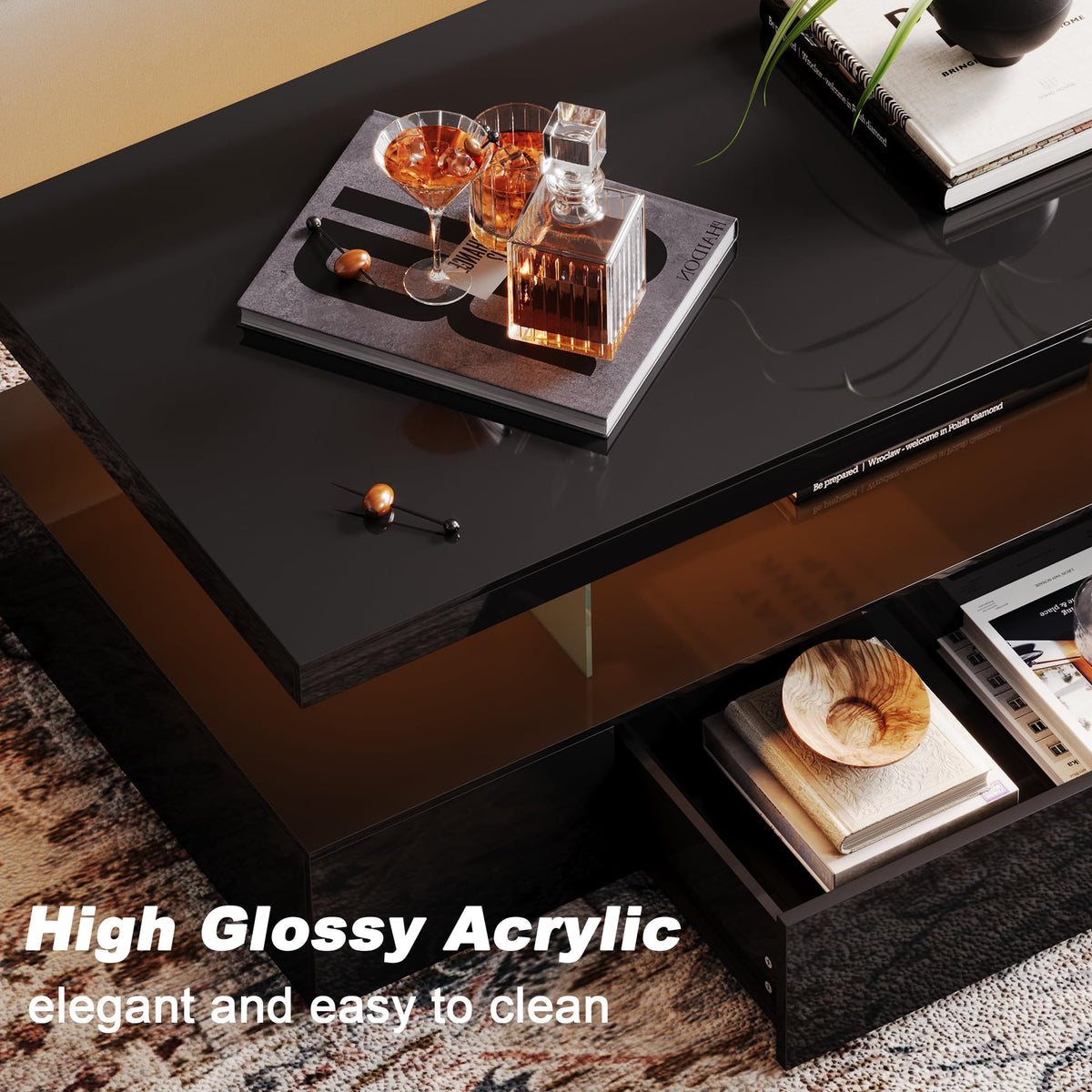 ChooChoo Modern LED Coffee Table, High Glossy Coffee Table with Drawer, Black Coffee Table with Storage for Living Room, Bedroom, CT2305-BK
