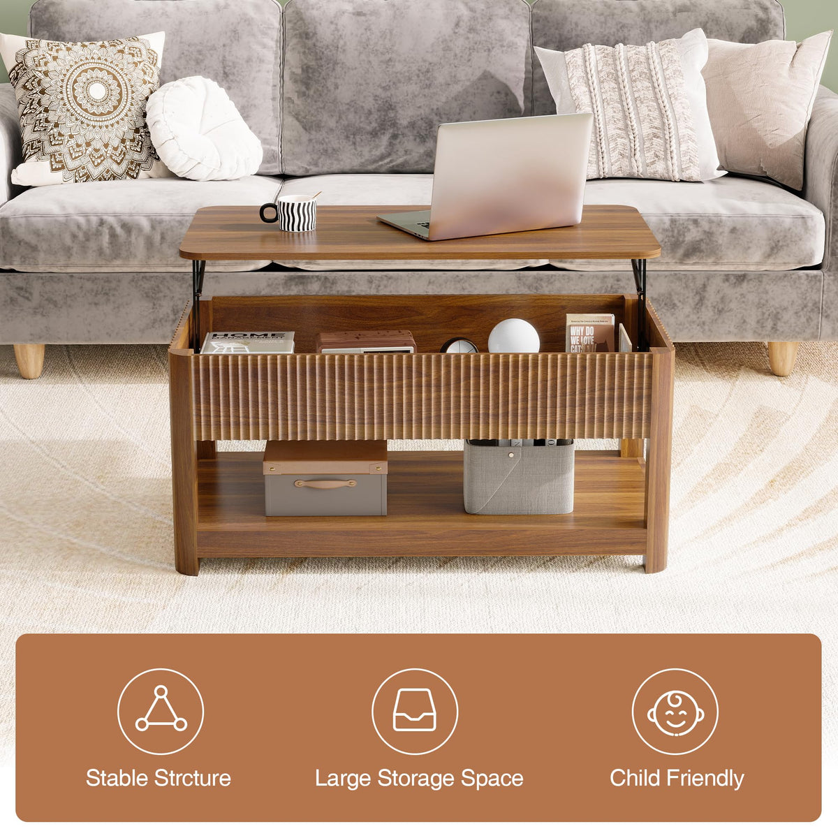 Nasonet Lift Top Coffee Table with Storage, Mid Century Modern Coffee Table with Hidden Compartment, Fluted Wood Center Table for Small Space, Living Room, Home Office(Walnut)