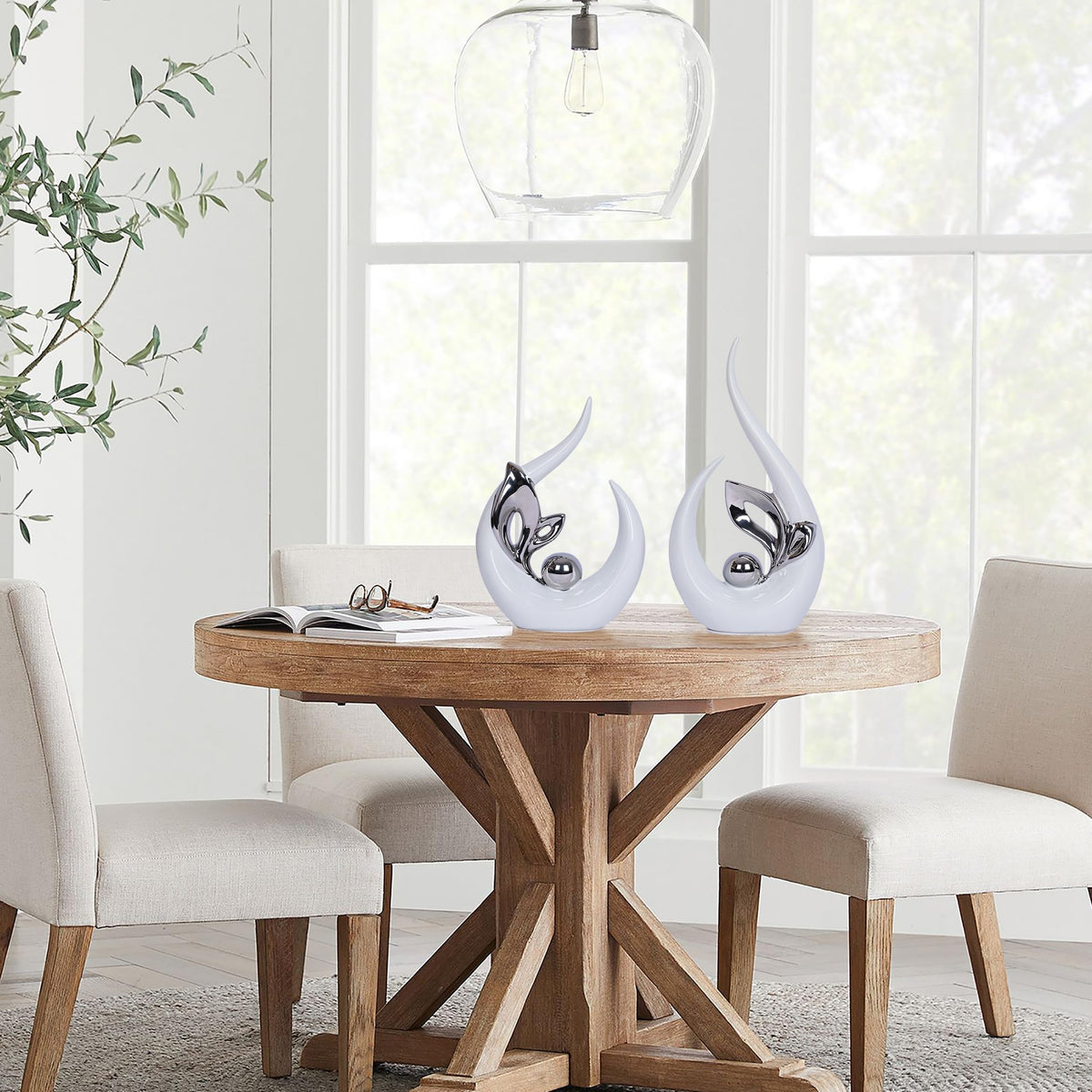 2 PCS White Decor Accent Ceramic Statue White Silver Mid Century Modern Home Decor Accents Sculpture Decorations Centerpieces for Living Room Kitchen Coffee Table Shelf Bookshelf Office Dining Table