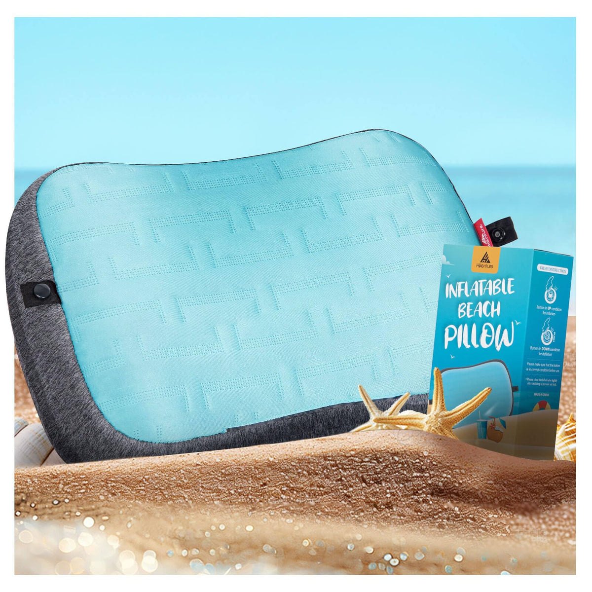 Hikenture Beach Pillow for Sand, Washable Inflatable Pillows for Pool, Portable Camping Pillows with Removable Cover, Soft Air Sand Pillow Built-in Sandbag for Backpacking, Beach Chair