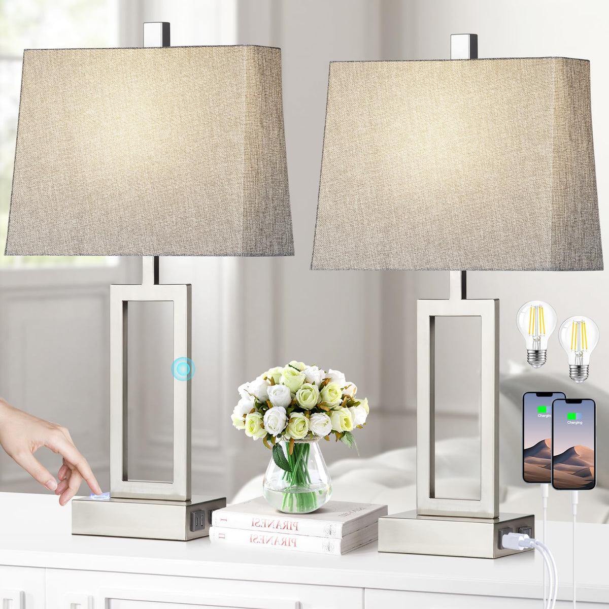 Rinweey Touch Control Table Lamps Set of 2, Modern Silver Bedside Lamps with USB A+C Ports & AC Outlet, 3 Way Dimmable Contemporary Nightstand Lamps for Bedroom Living Room(LED Bulb Included)