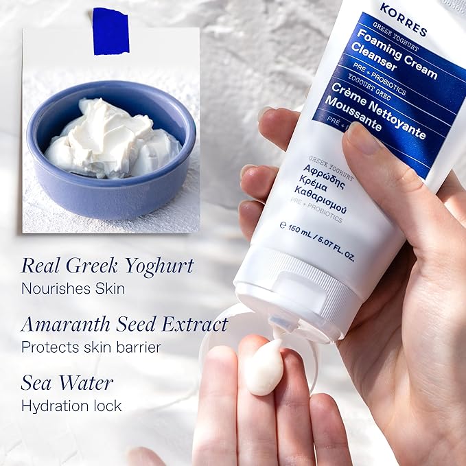 KORRES Greek Yoghurt Foaming Cream Cleanser, Hydrating, Deep Cleansing Skin Care, Makeup Remover, Face Wash for Women, Cream to Foam Facial Cleanser for Dry, Oily, Sensitive, Any Skin Type, 5.07 fl oz