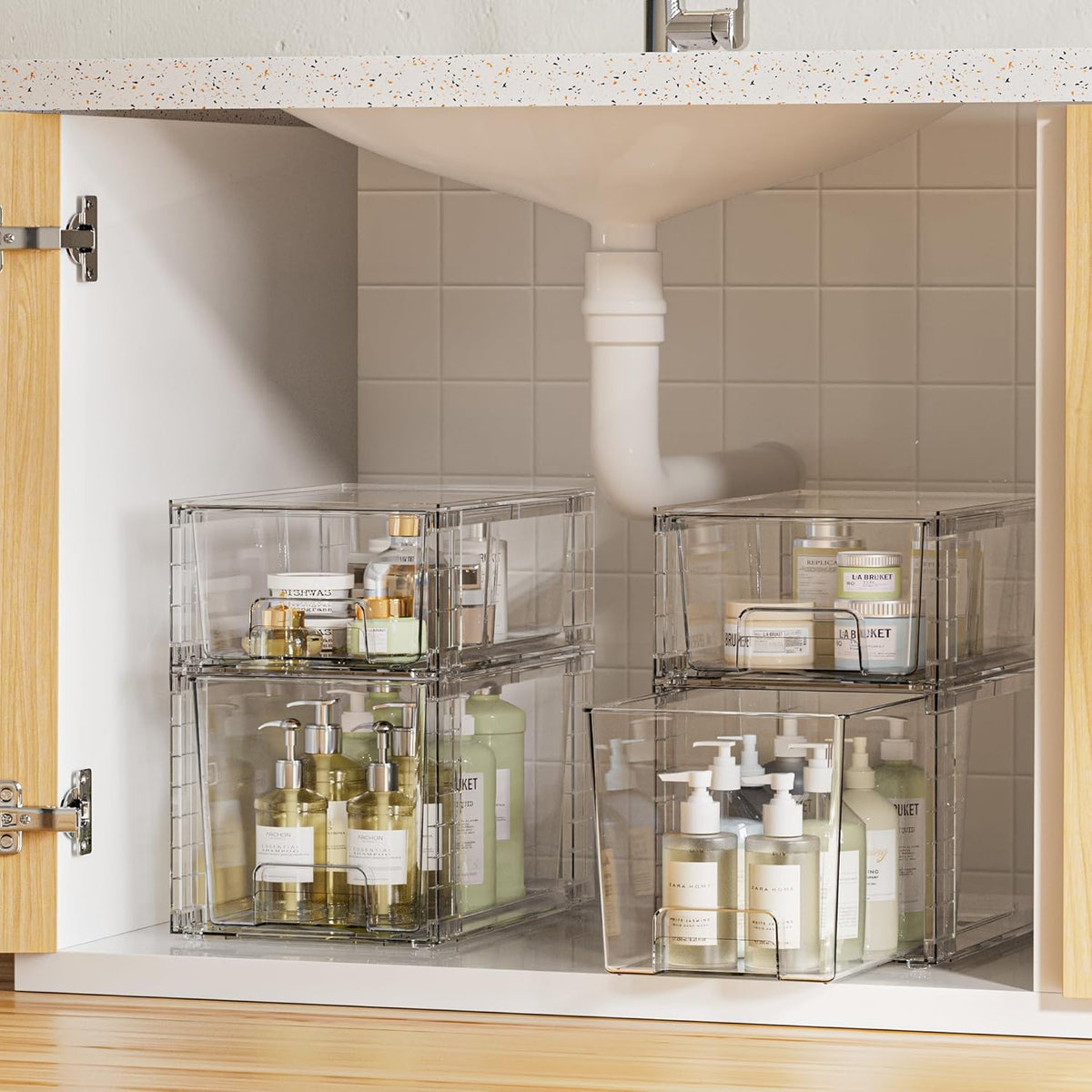Vtopmart 8 Pack Clear Stackable Storage Drawers,Easy to Assemble Bathroom Organizers and Storage with handles,Plastic Drawers for Kitchen Pantry,Cabinet,Under Sink Organization