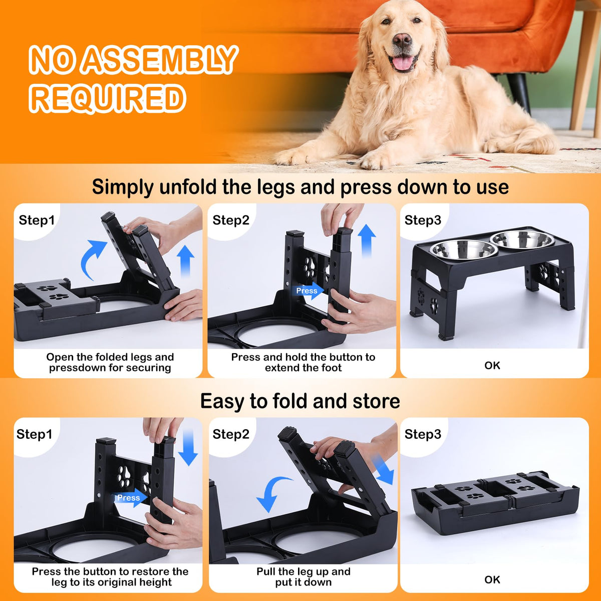 LALOBLUE Elevated Dog Bowls, Raised Dog Bowl with 2 Stainless Steel Dog Food Bowls, Dog Bowls Stand Adjusts to 5 Heights 2.95", 8.46", 9.65", 10.82", 12.01" for Small Medium Large Dogs Cats Pets,Black