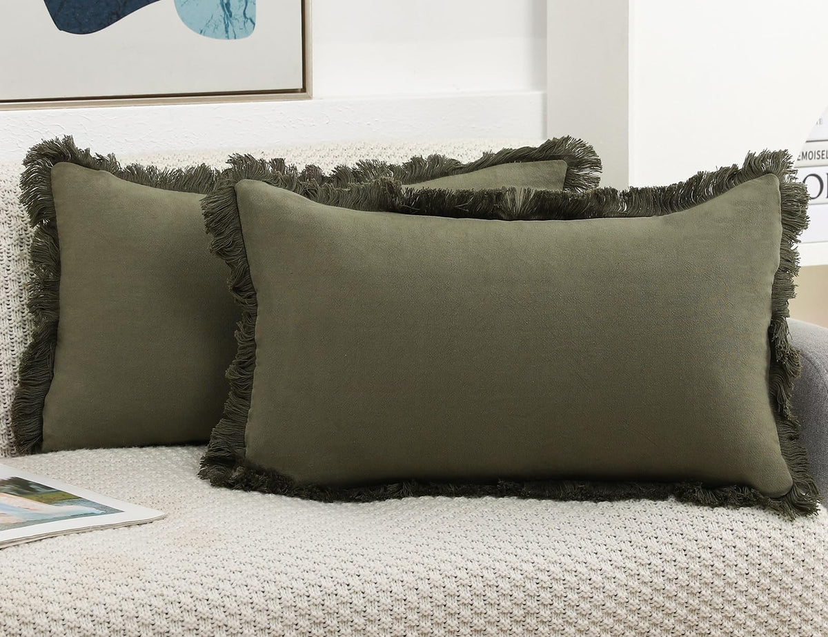 NUYECY Set of 2 Natural Linen Fringed Throw Pillow Covers,Olive Green Neutral Decorative Lumbar Pillowcase with Chic Tassel Burlap Boho Cushion Covers for Couch Sofa Farmhouse,12x20 inches