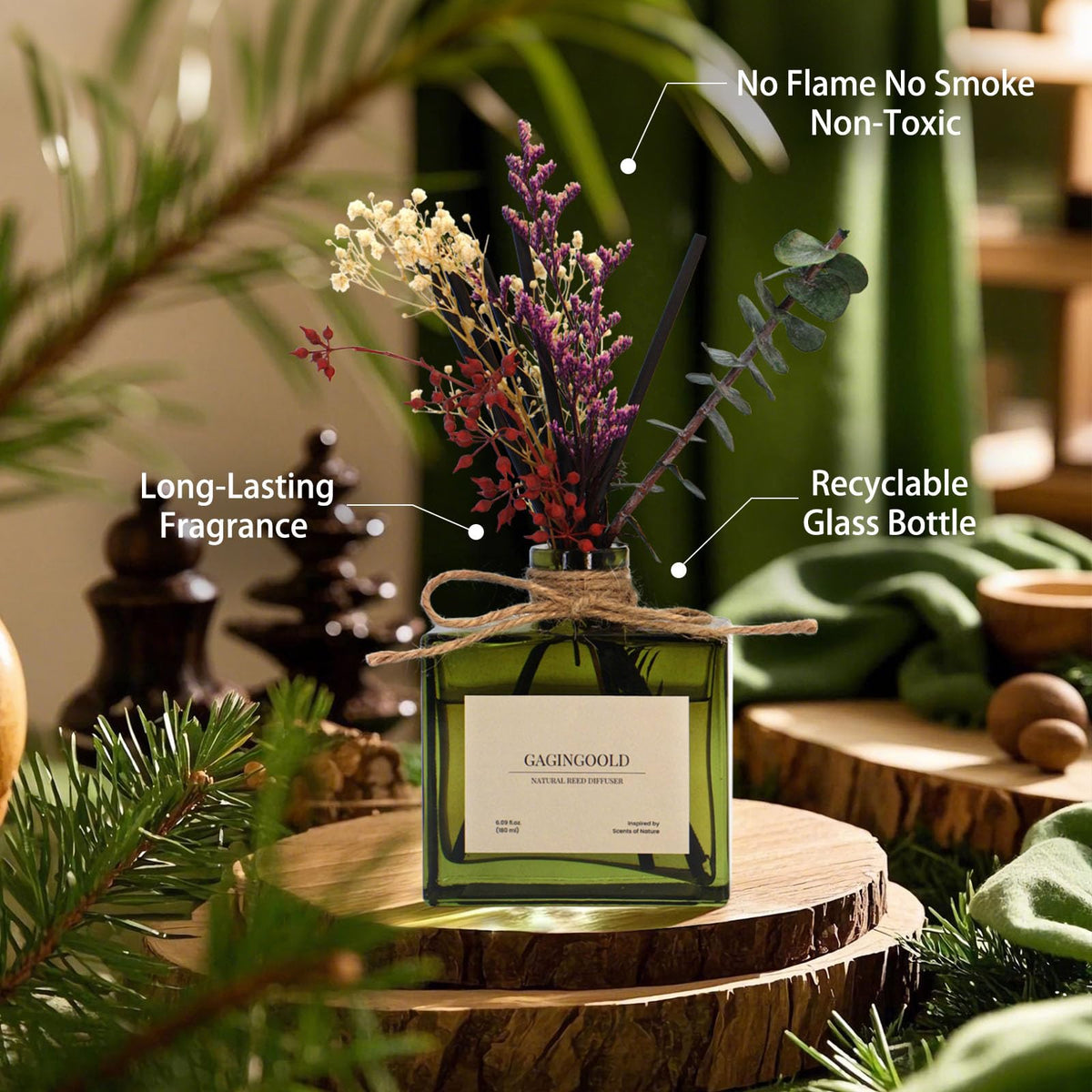 GAGINGOOLD Reed Diffuser, 6.09 oz Sandalwood Scent Diffuser with Sticks & Dried Flowers, 120 Days Long Lasting Reed diffusers for Home, Elegant Fragrance for Bathroom Bedroom Office Decor, air Fresh