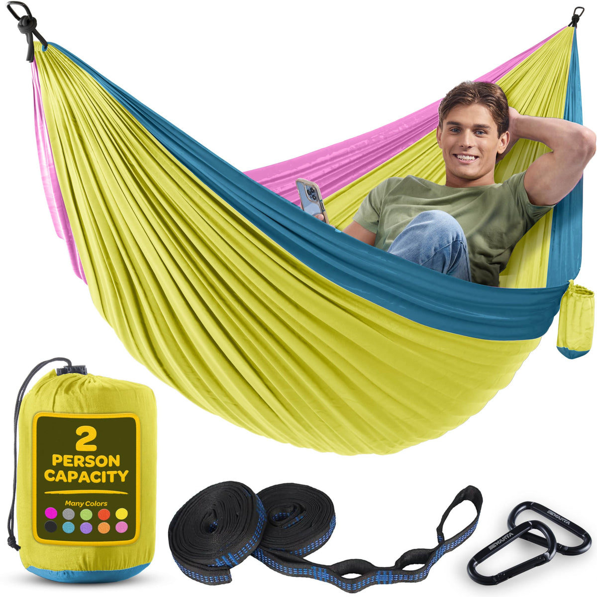 Durable Hammock 400 lb Capacity, Nylon Camping Hammock Chair - Double or Single Sizes w/Tree Straps and Attached Carry Bag - Portable for Travel/Backpacking/Beach/Backyard (Medium, Fuchsia & Sky Blue)