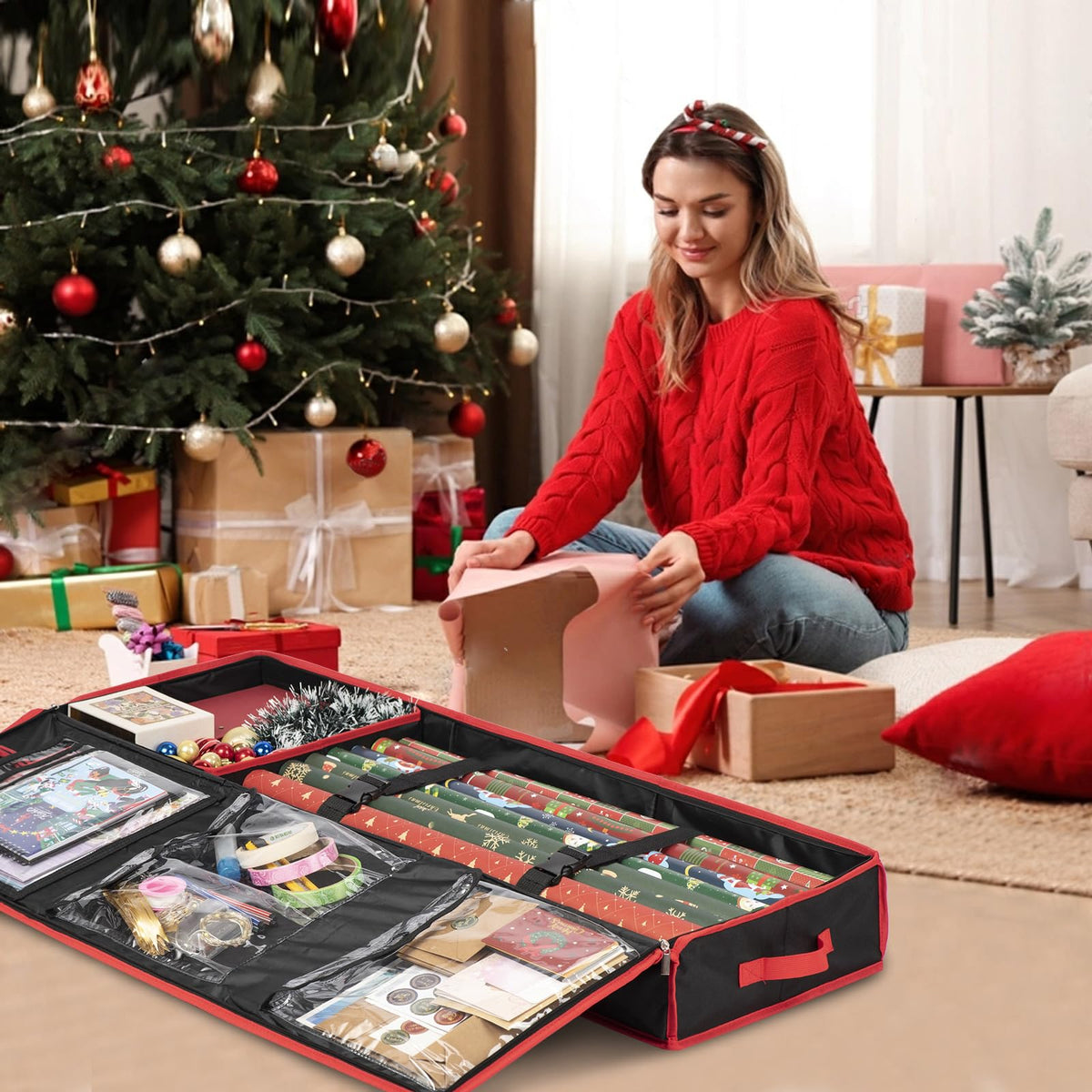 Wrapping Paper Organizer Storage for Christmas Gifts Wrapping Paper Storage, 600D Oxford Fits Ribbon, Ornaments, Holiday Accessories Flexible Partitions and Pockets （Black）