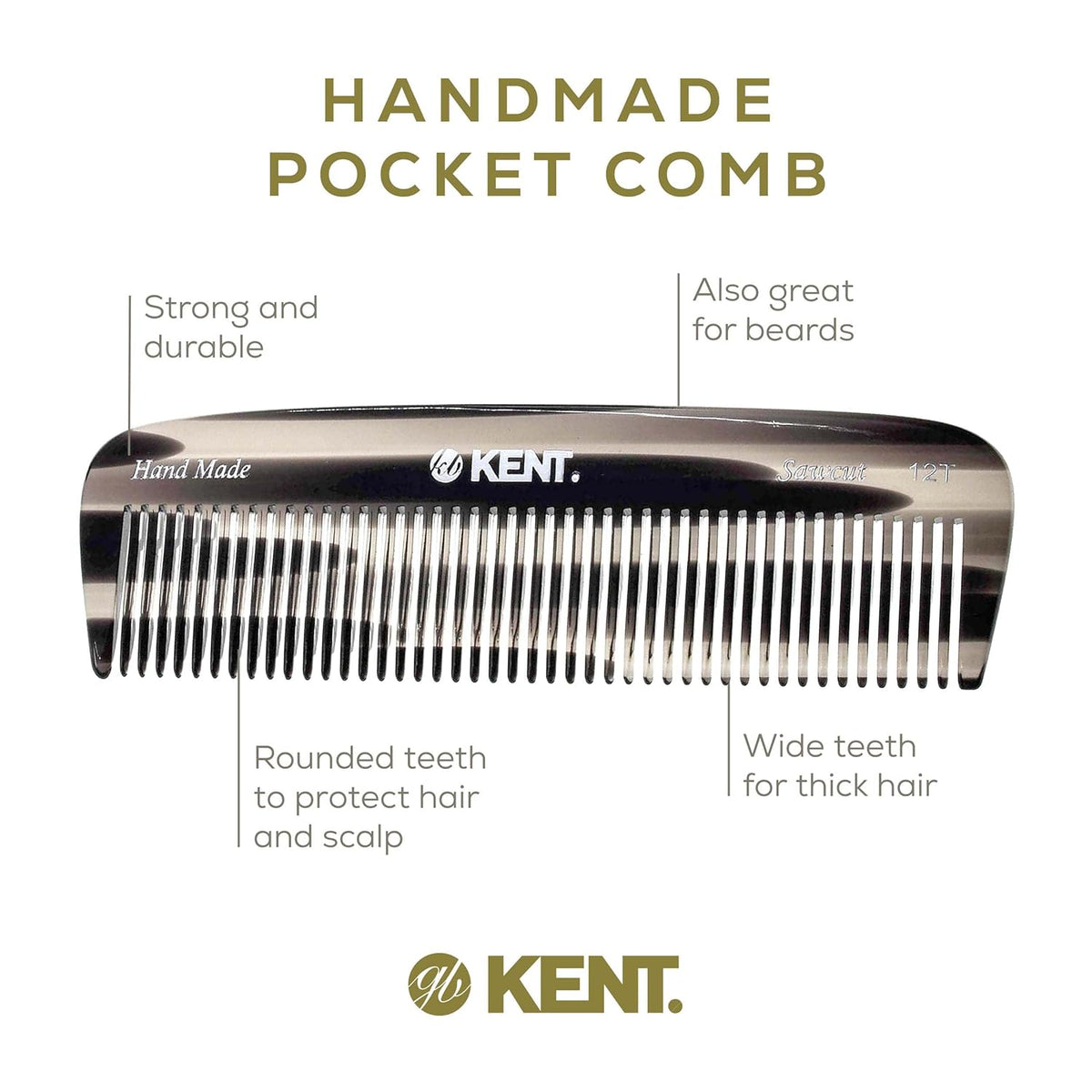 Kent 12T G Wide Tooth Detangling Comb - Handmade Pocket Comb for Thick, Curly, Wavy Hair - Large Tooth Hair and Beard Grooming Comb, Saw-Cut and Hand Polished