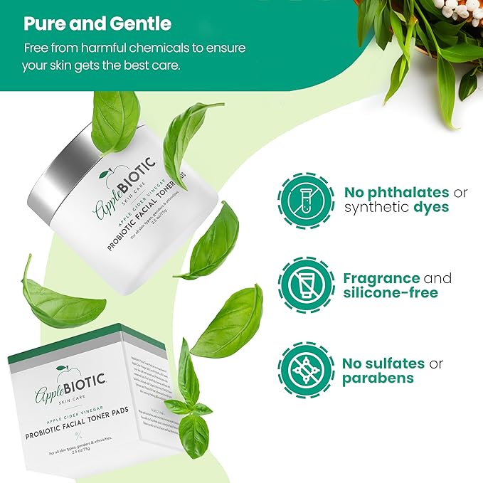 Applebiotic Toner Pads for Face - Exfoliating Face Wipes, for All Skin Types - Apple Cider Vinegar, Green Tea, 60 Pads