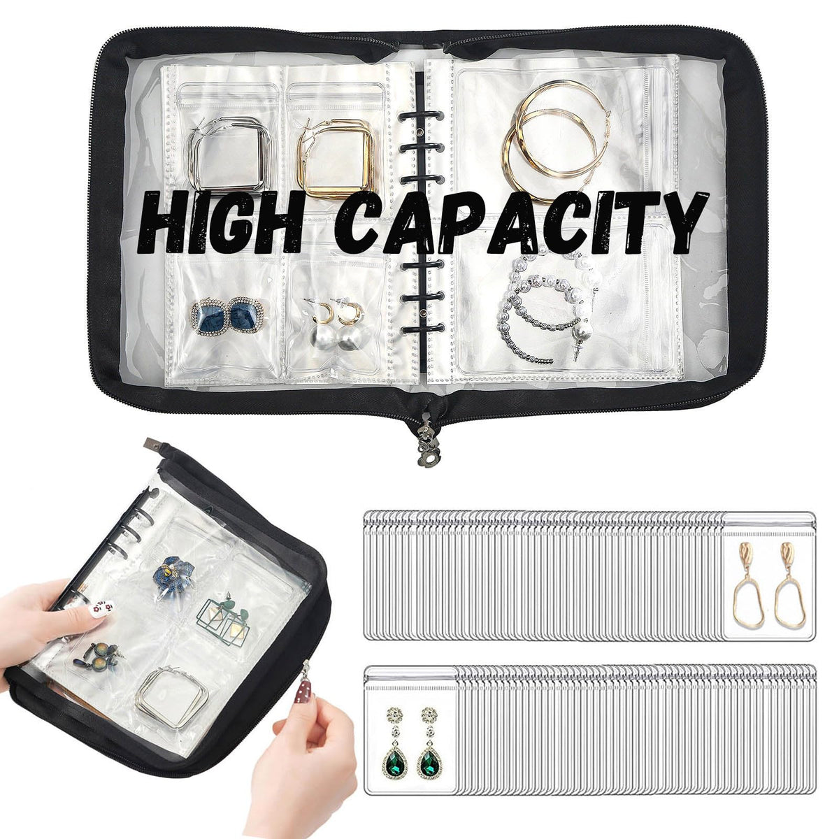 AVELIO Jewellery Storage Book set Transparent Travel Bracelet Earring organizer Book jewelry pouch organizer Zipper Bag (Black)