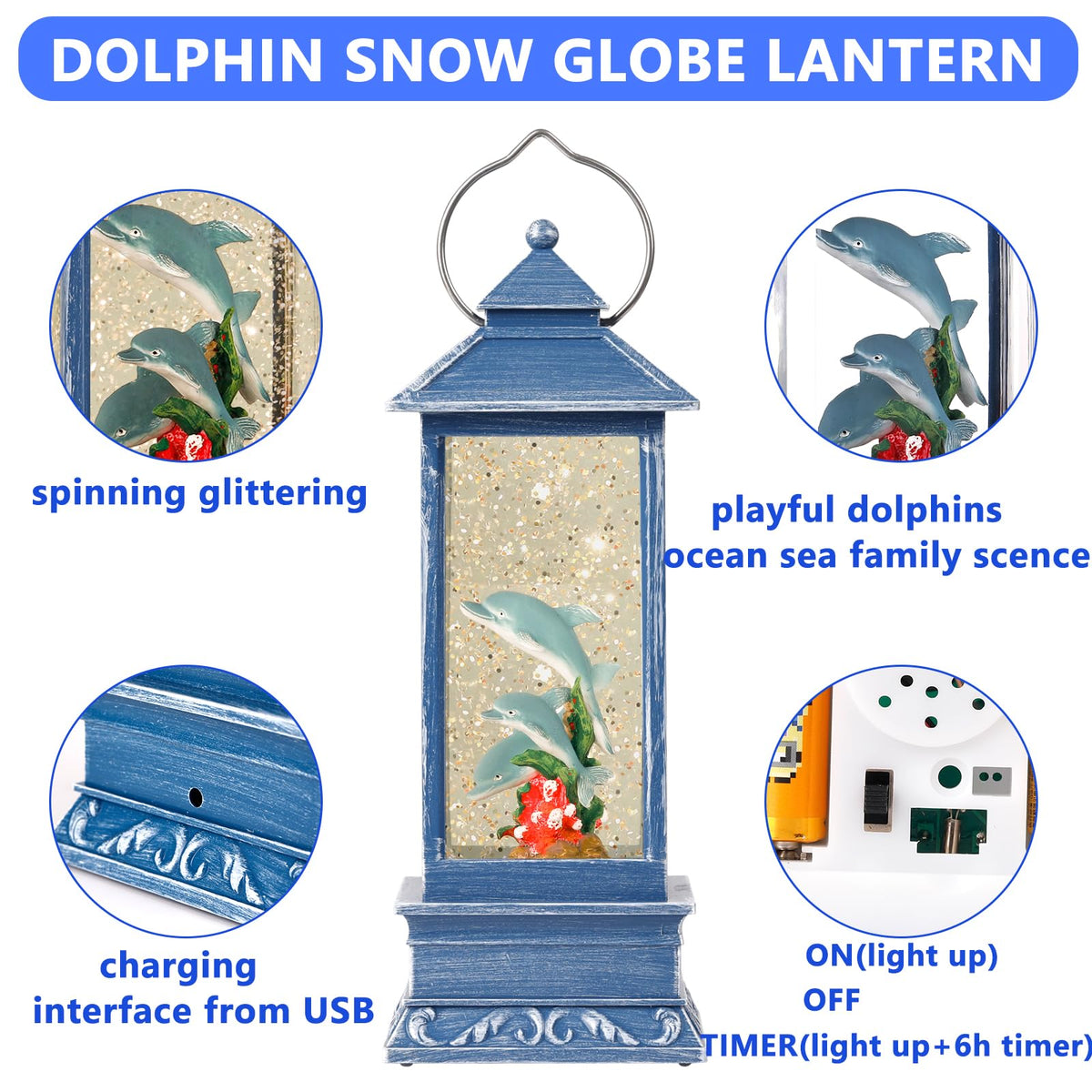 Snow Globe Lantern, Snow Globe with Swirling Glitter, USB and Battery Powered Dolphin Glitter Snow Lantern with Timer, Perfect for Home Tabletop Decorations