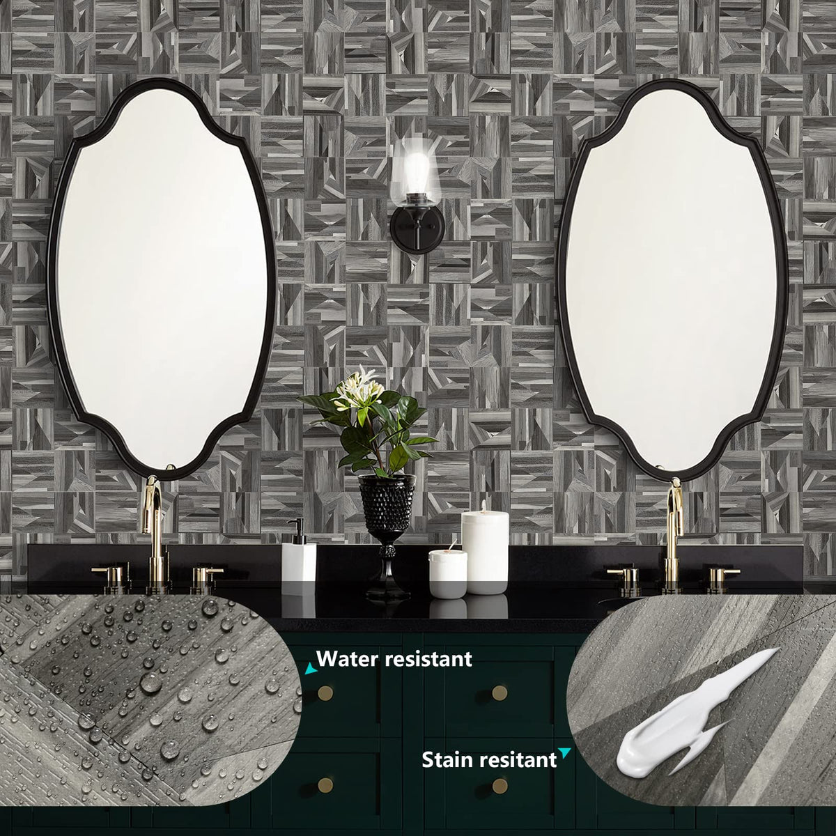 Midcard 10-Sheet Peel and Stick PVC Backsplash Tile, Black Grey Wood Triangle Puzzle