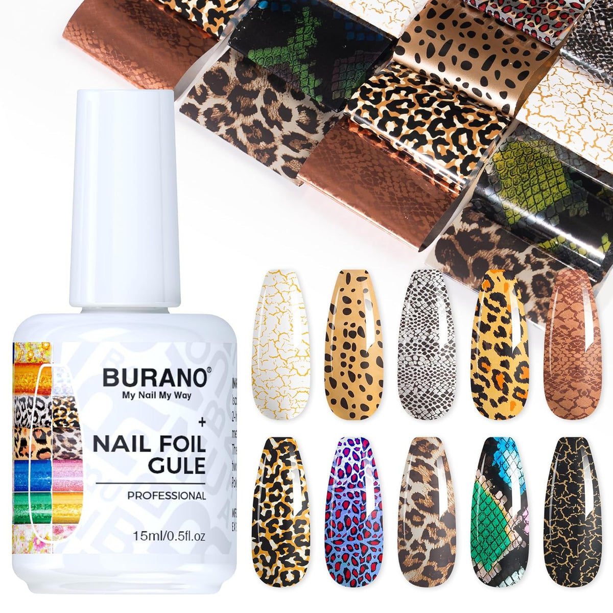 BURANO Nail Art Nail Foil Glue Gel, o.5 oz with 10PCS Foil Stickers Set Nail Foil Glue for Nails Foil Transfer Gel, Nail Design DIY UV LED Lamp Required (Animal Foil 06)