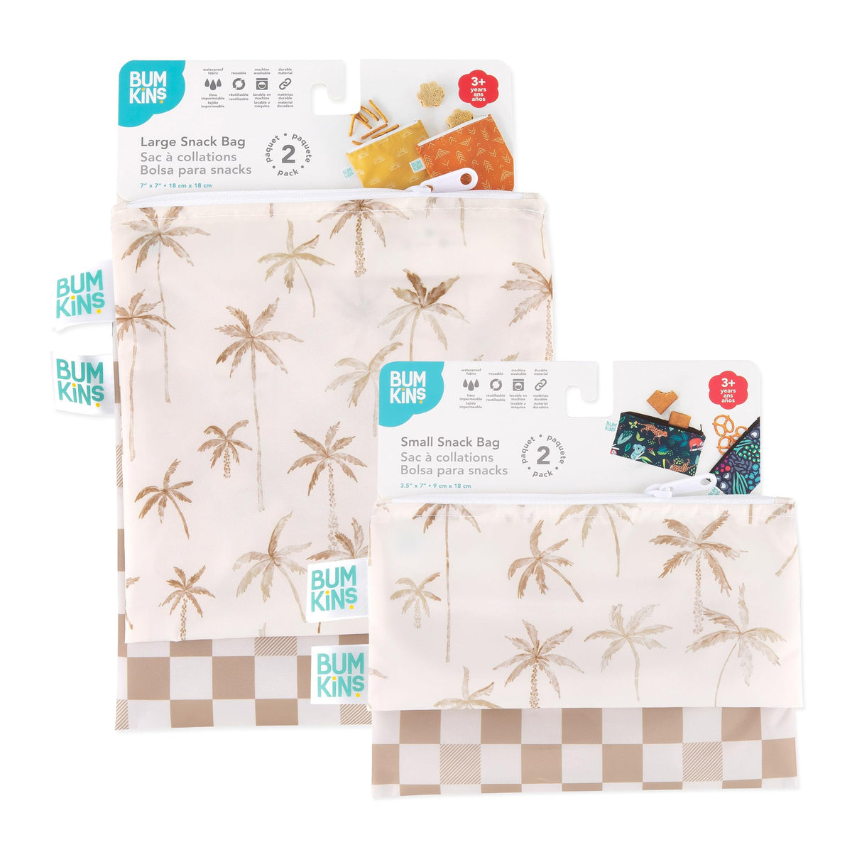 Bumkins -Cloth Snack & Sandwich Bags -For Storage, Travel, Food Prep, Lunch -Reusable, Water Resistant, Washable, Dishwasher Safe -Snack Bags for Kids -Zipper Closure -Beige Check & Palm Trees -4 Pack