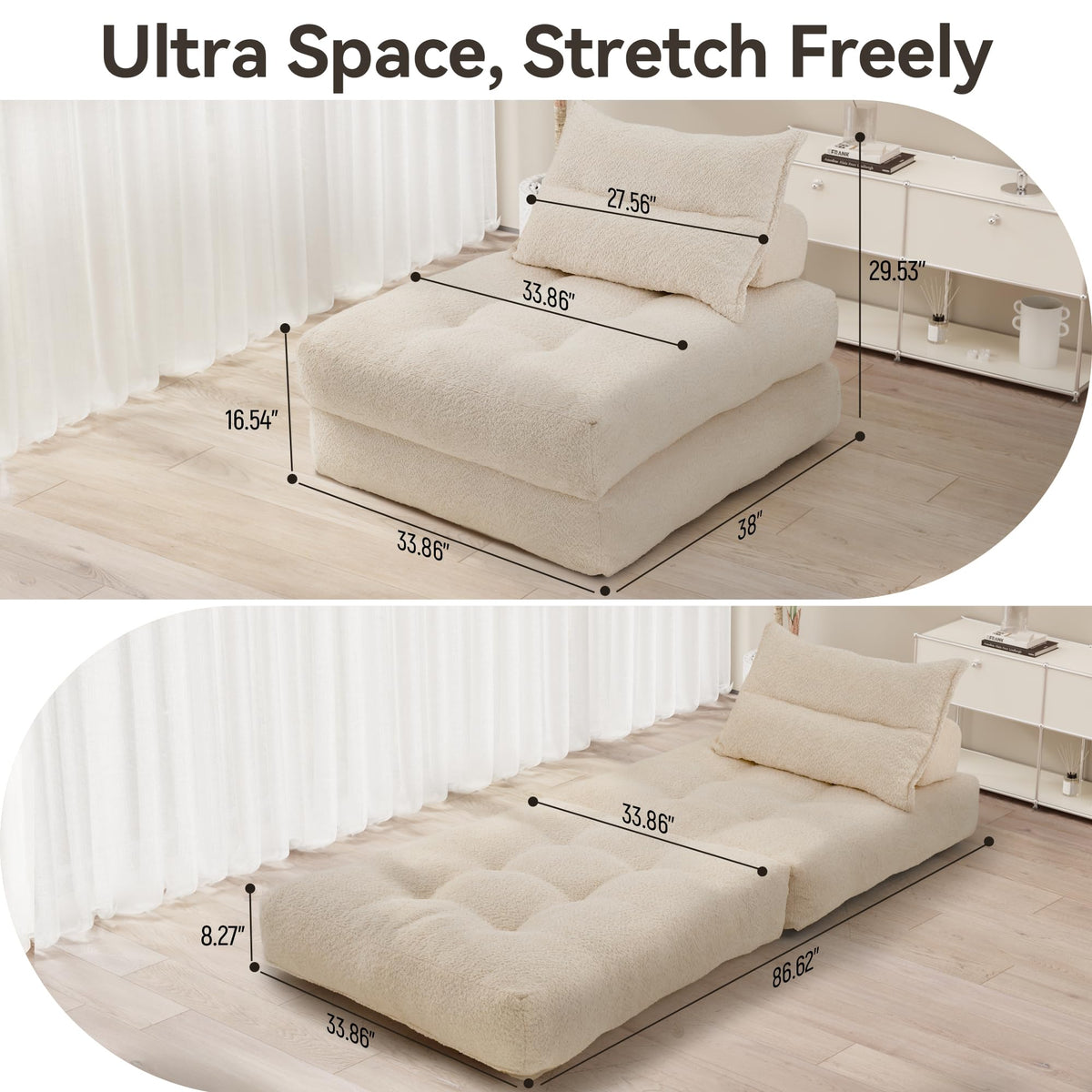MONVANE Folding Sofa Bed - Ergonomic Foldable Sleeper Chair for Living Room/Dorm/Office, Teddy Velvet Futon Couch, Lounge Sofa, Convertible Floor Mattress, Lazy Sofas with Headrest Lumbar Pillow,Beige