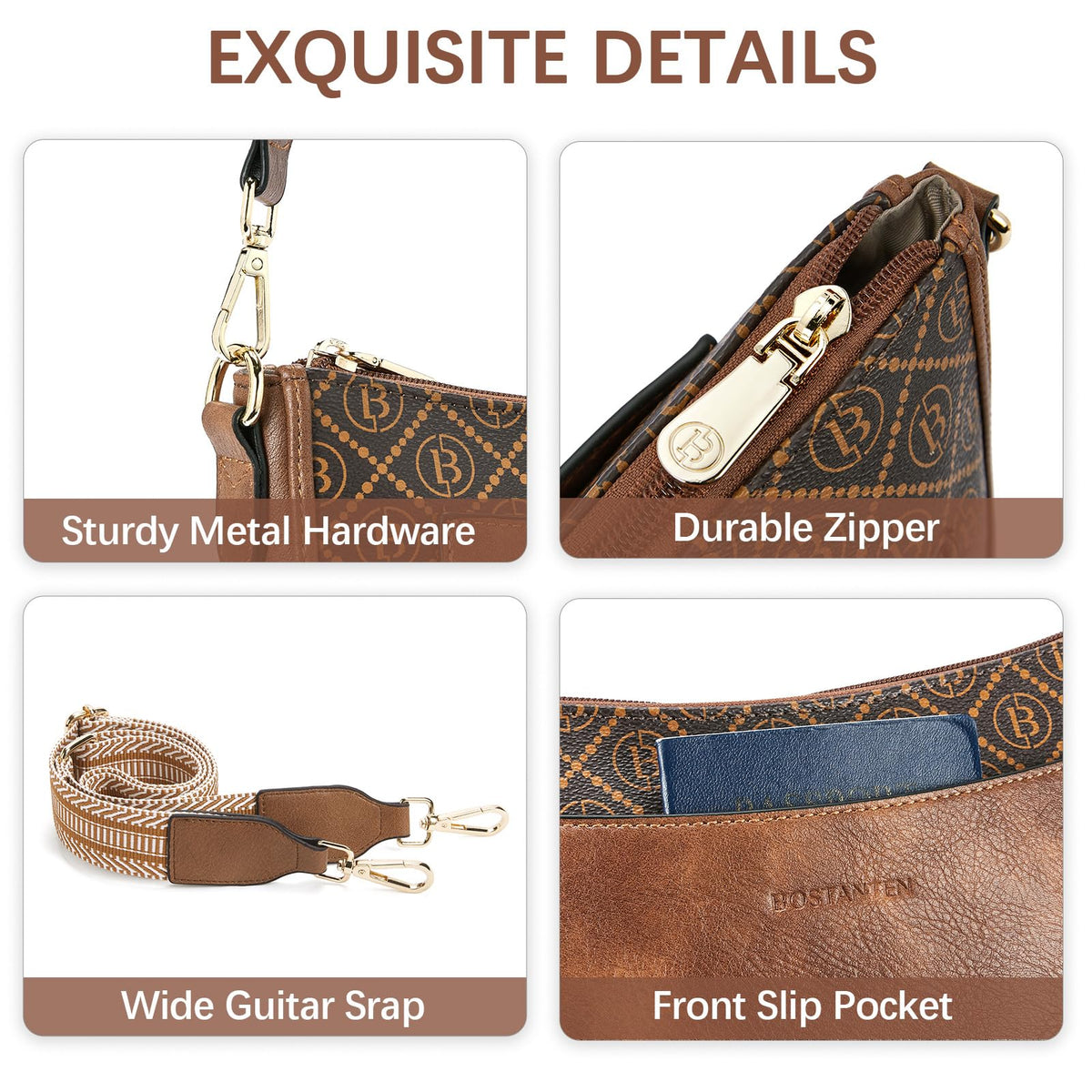 BOSTANTEN Crossbody Bags for Women Trendy Vegan Leather Hobo Handbags Fashion Shoulder Purse with Adjustable Guitar Strap Deep Brown