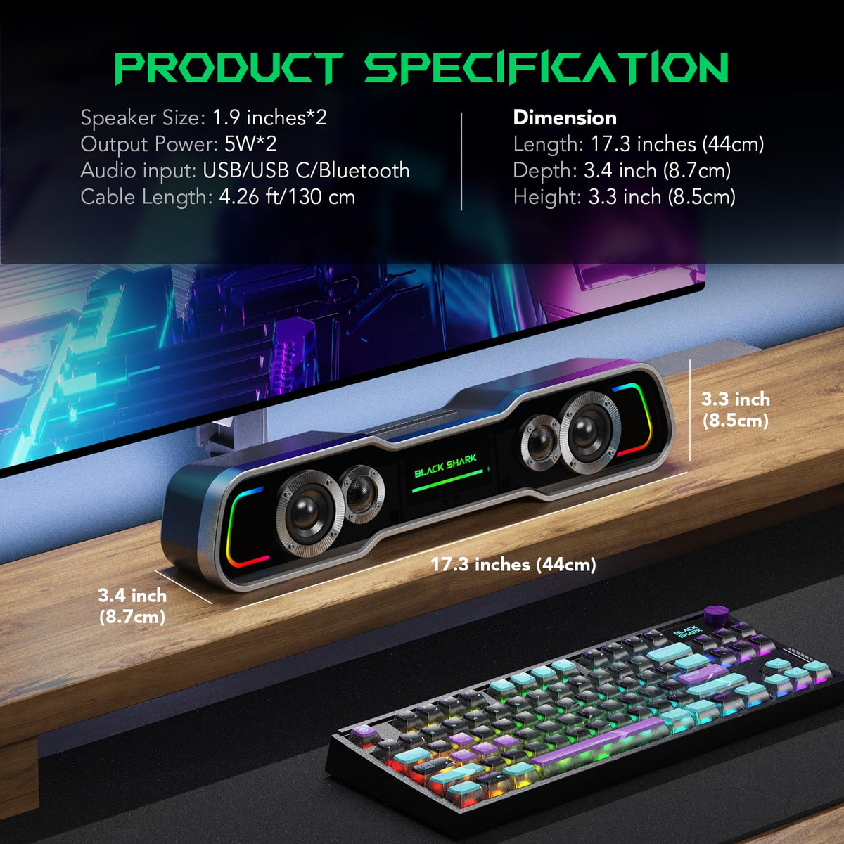 Black Shark BS-SP1 Bluetooth Computer Speakers for Desktop, 5 Colorful Lights Gaming PC Speaker with Stereo Sound, USB C/USB Powered Sound-bar for Computer Desktop PC Monitor Laptop