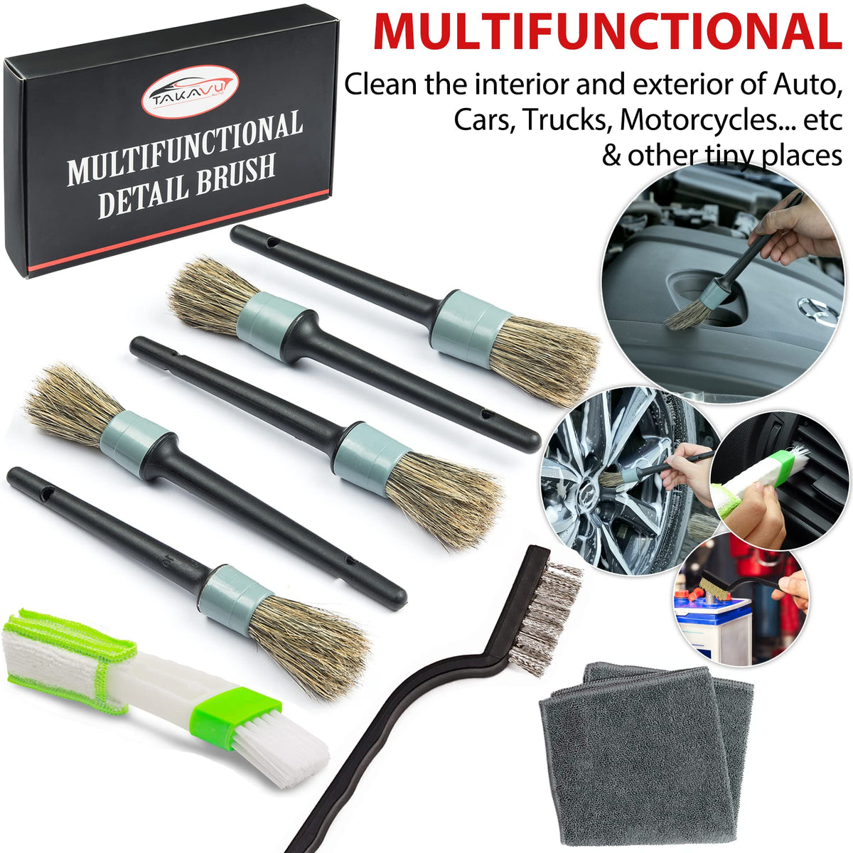 TAKAVU Complete Car Detailing Brush Kit (10 Piece) - Boar Hair Detail, Wire & Vent Brushes with Microfiber Towel for Wheels, Interior, Engine Bay Cleaning