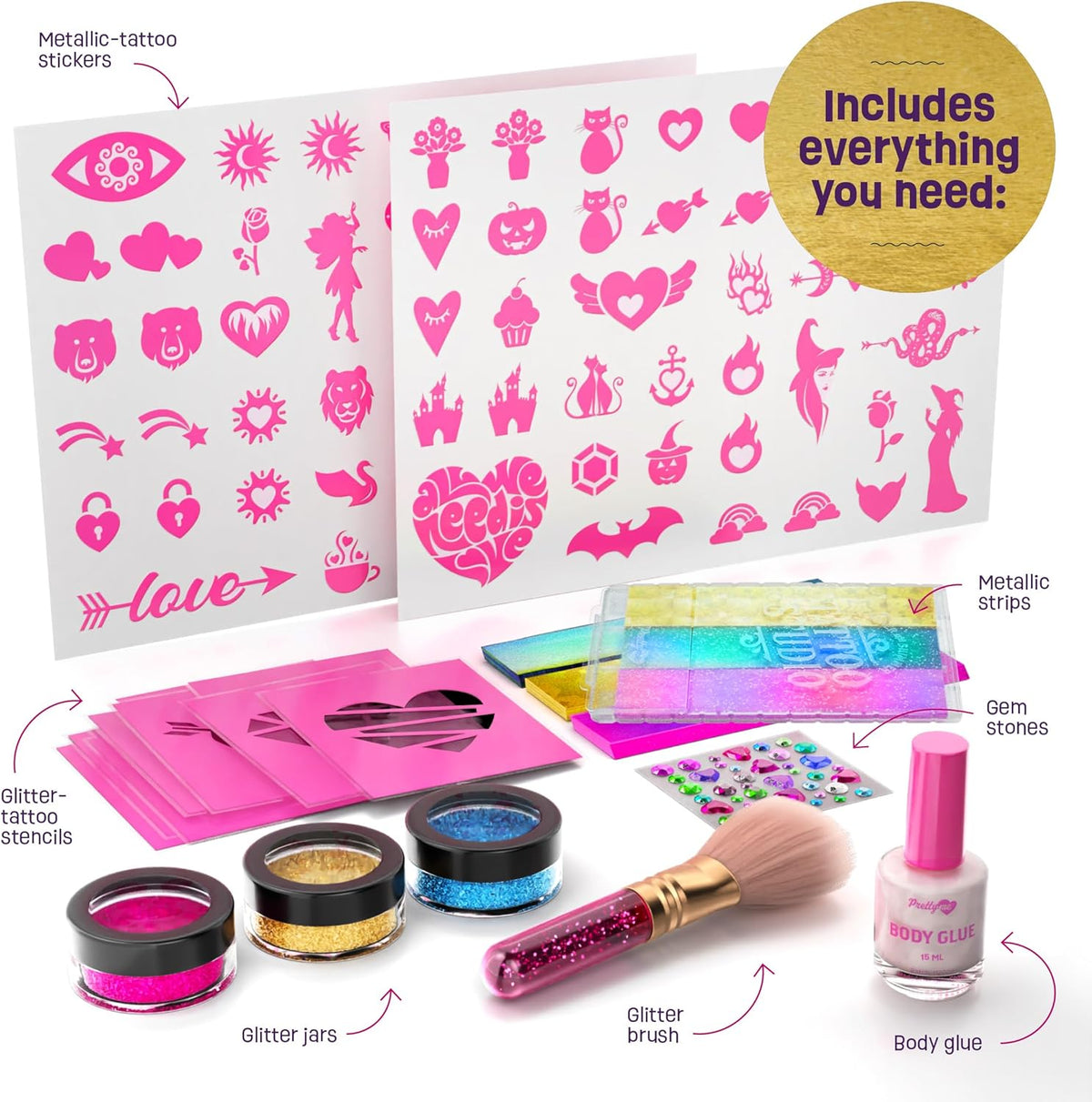 Glitter Tattoo Kit for Kids - Glitter & Metallic Fake Tattoos for Girls - Birthday Gift Ideas for Girl - Temporary Tattoo Set - Craft Kits Toys for Ages 6, 7, 8, 9, 10, 11 Year Old - Cool Gifts