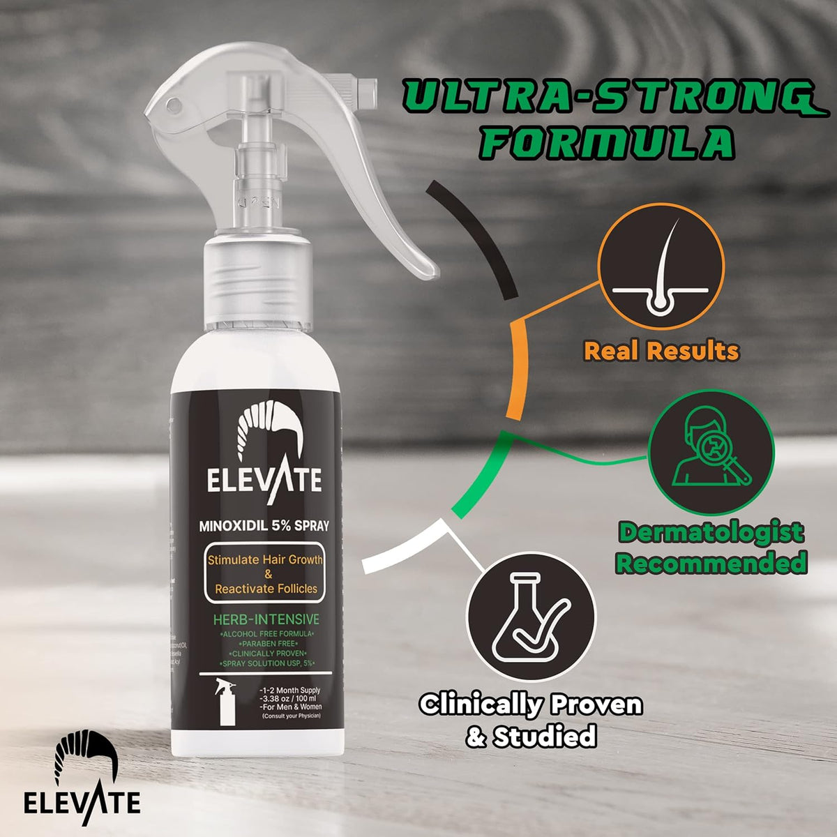 ELEVATE 5% Minoxidil Hair Growth Spray - Alcohol Free Non Oily Formula Extra Strength Professional Treatment for Hair Loss/Regrowth - Stimulate Hair Follicles for Men & Women - 1 Month Supply