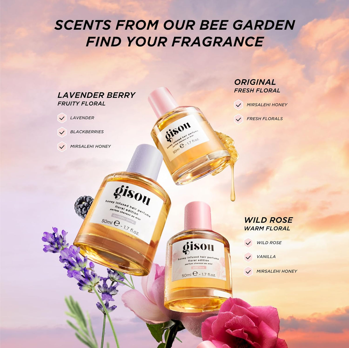 Gisou Honey Infused Hair Perfume Floral Edition - Wild Rose, A Wild Elegant Fragrance with a Romantic and Sensual Scent, Nourishing and Hydrating Hair Shine Spray (1.7 fl oz)