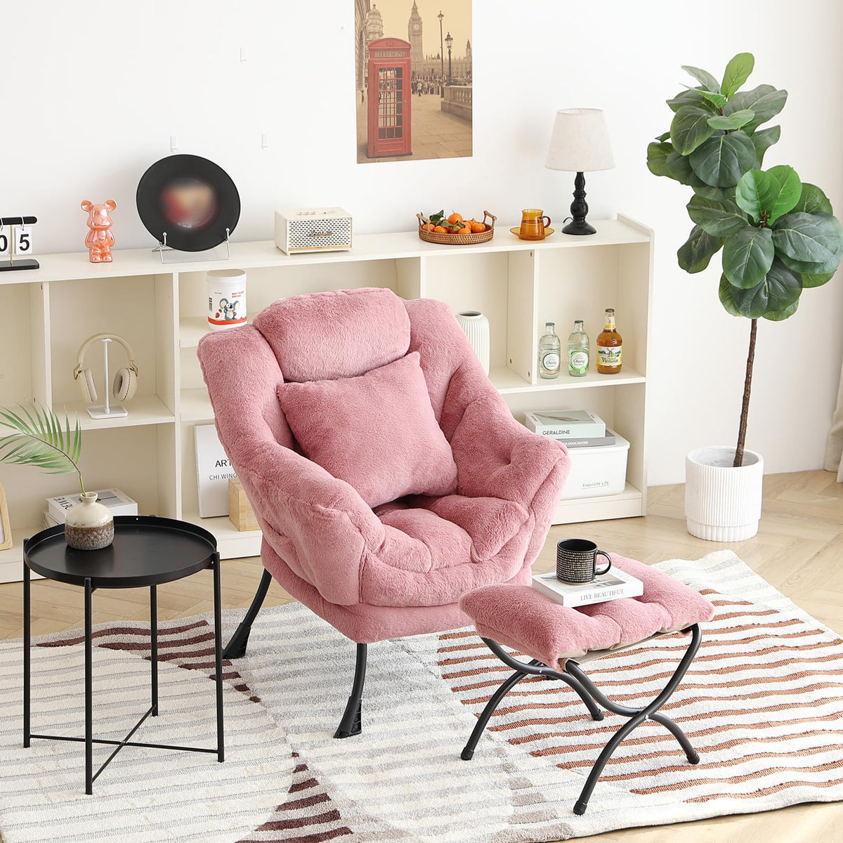 YOTATING Lazy Chair with Ottoman, Comfy Reading Lounge Chair with Footstool & Throw Pillow Modern with Armrests & Side Pocket for Living Room, Bedroom, Dorm Room, Plush Dark Pink