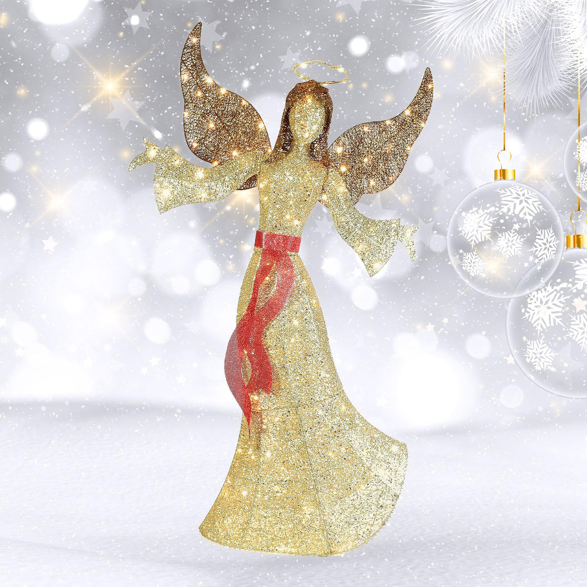 5FT Outdoor Angel Christmas Decoration - Light Up Outdoor Christmas Decorations Angels with 120 LED Lights - Elegant Winged Holiday Figure for Lawn with Bow, Halo, Extension Cord and Ground Stakes