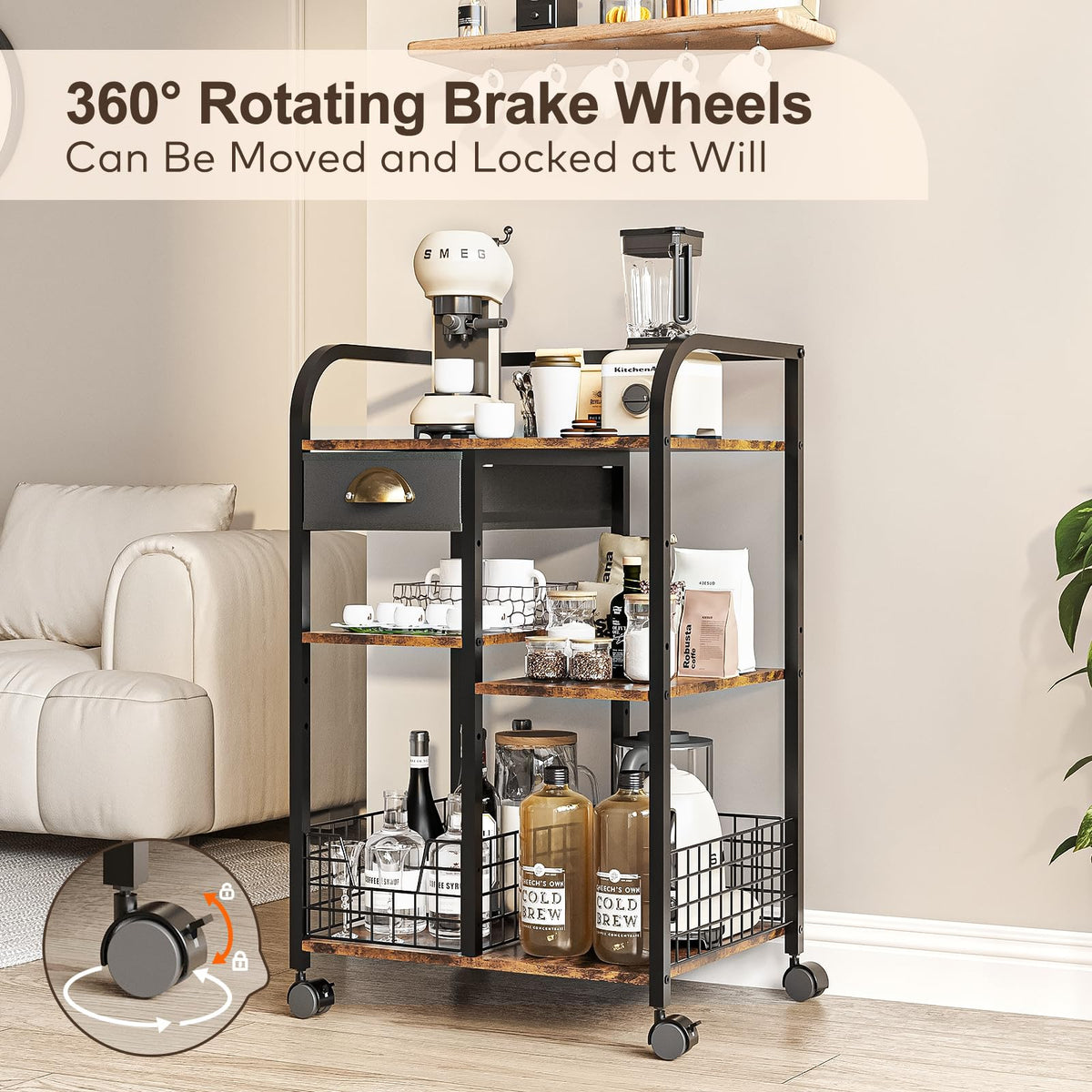 keomaisyto Coffee Cart with Storage Drawer, Coffee Bar Cabinet with Wheels, 4-Tier Adjustable Mobile Coffee Table, Rustic Wood Coffee Bar Station for Kitchen/Entrance/Living Room/Dining Room