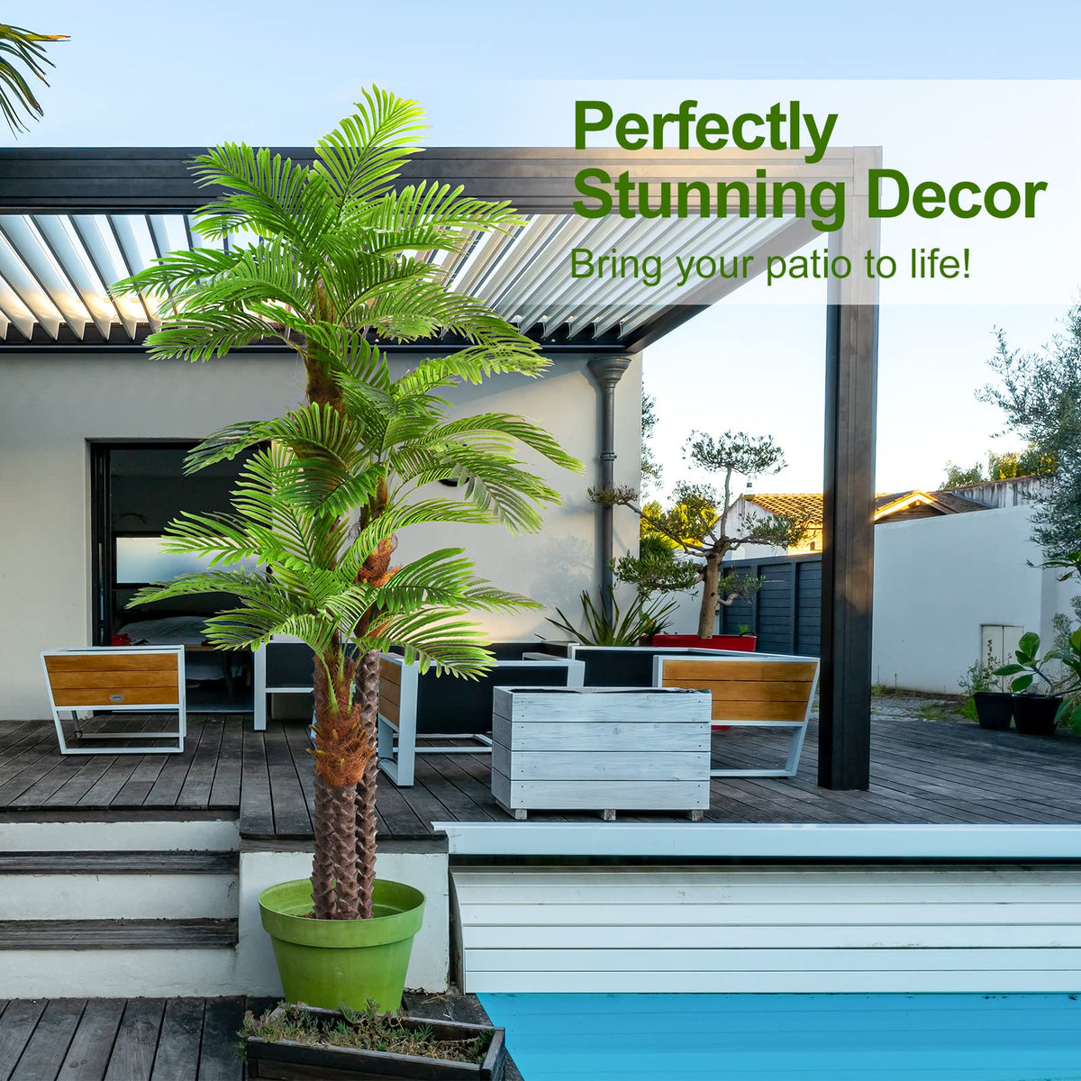 Keeplush 8.5ft Tall Artificial Palm Tree for Outdoors - Triple Phoenix Palm, UV Resistant, Large Fake Silk Palm Tree - Perfect for Patio, Poolside, Home Indoor Aesthetic Decor
