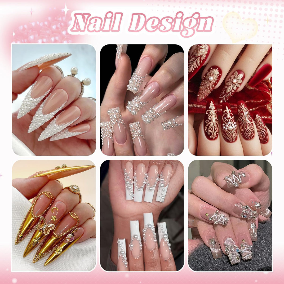 2 Boxes Flatback Pearls (White) and Metal Nail Beads (Silver+Gold) for Acrylic Nail Tips Manicure Decor