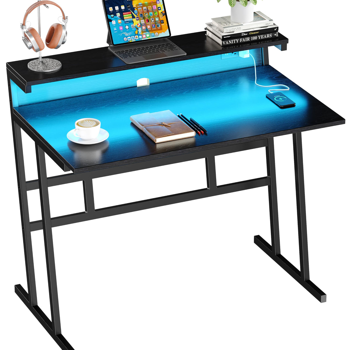 Zenira 40 Inch Computer Desk with LED Light Strip, Writing Desk for Home Office, Gaming Table for Bedroom, Desk with Shelves, Black