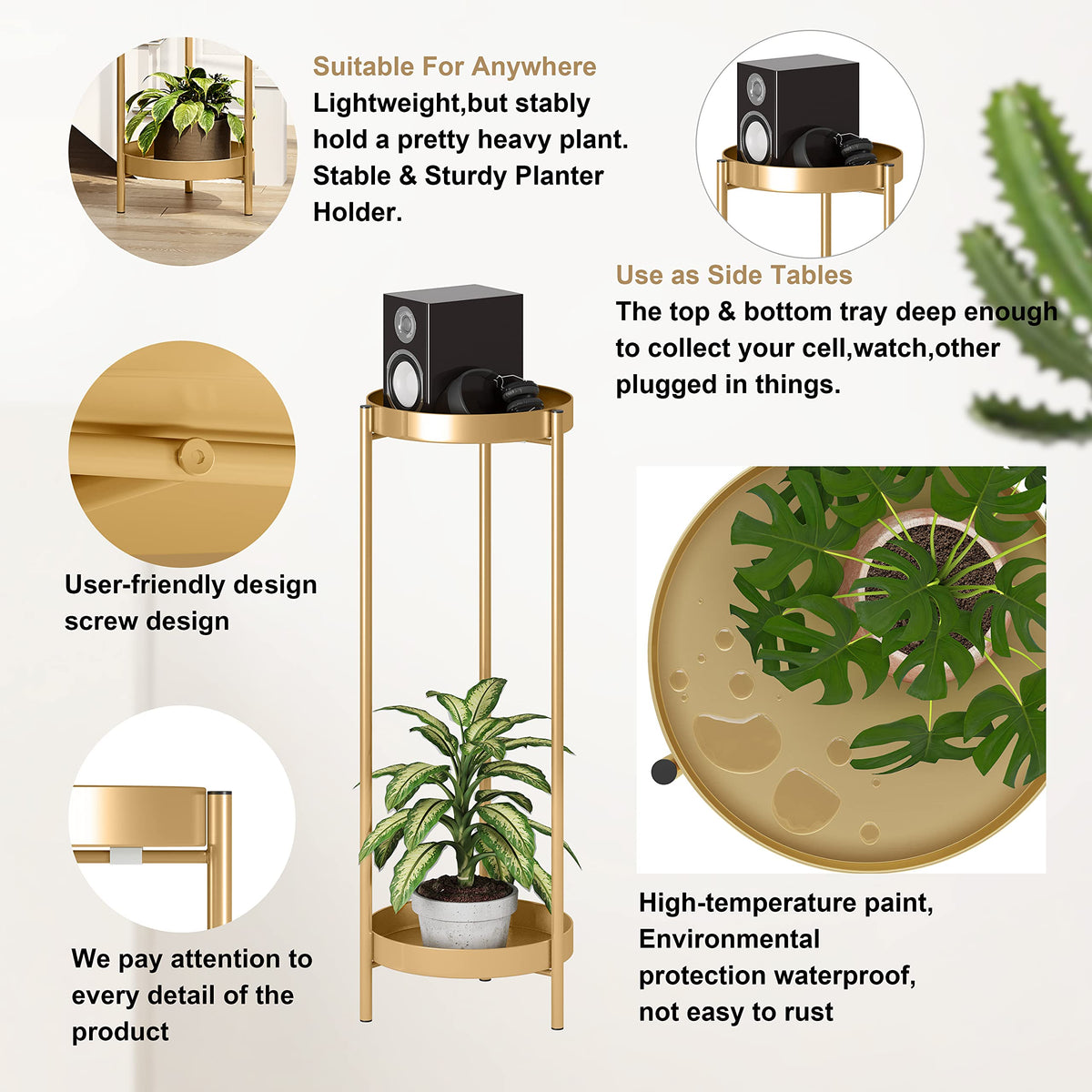Philodwell Metal Gold Tall Plant Stand Indoor or Outdoor - 30 inch 2 Tier Modern Corner Planter Shelf Rack with 2 Removable Display Shelves(10 inch) for Bedroom Living Room Balcony