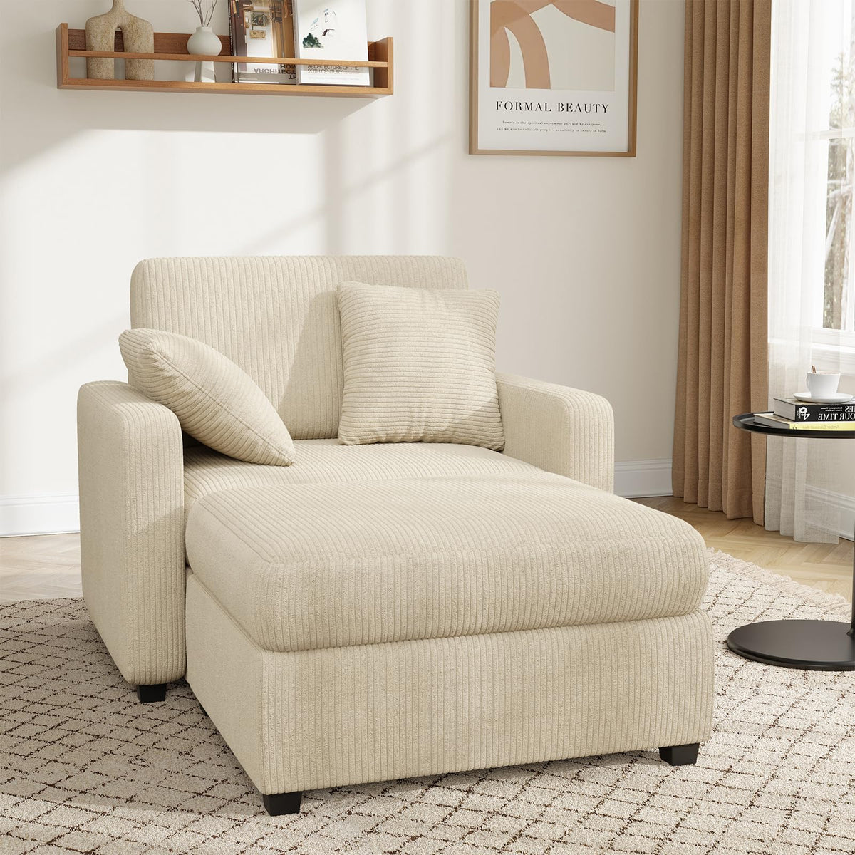 Apicizon Chaise Lounge Chair Indoor, 42" Oversized Sofa Bed with Two Throw Pillows and Armrests, Corduroy Chaise Lounge for Bedroom, Single Sleeper Chair with Ottoman for Living Room, Beige