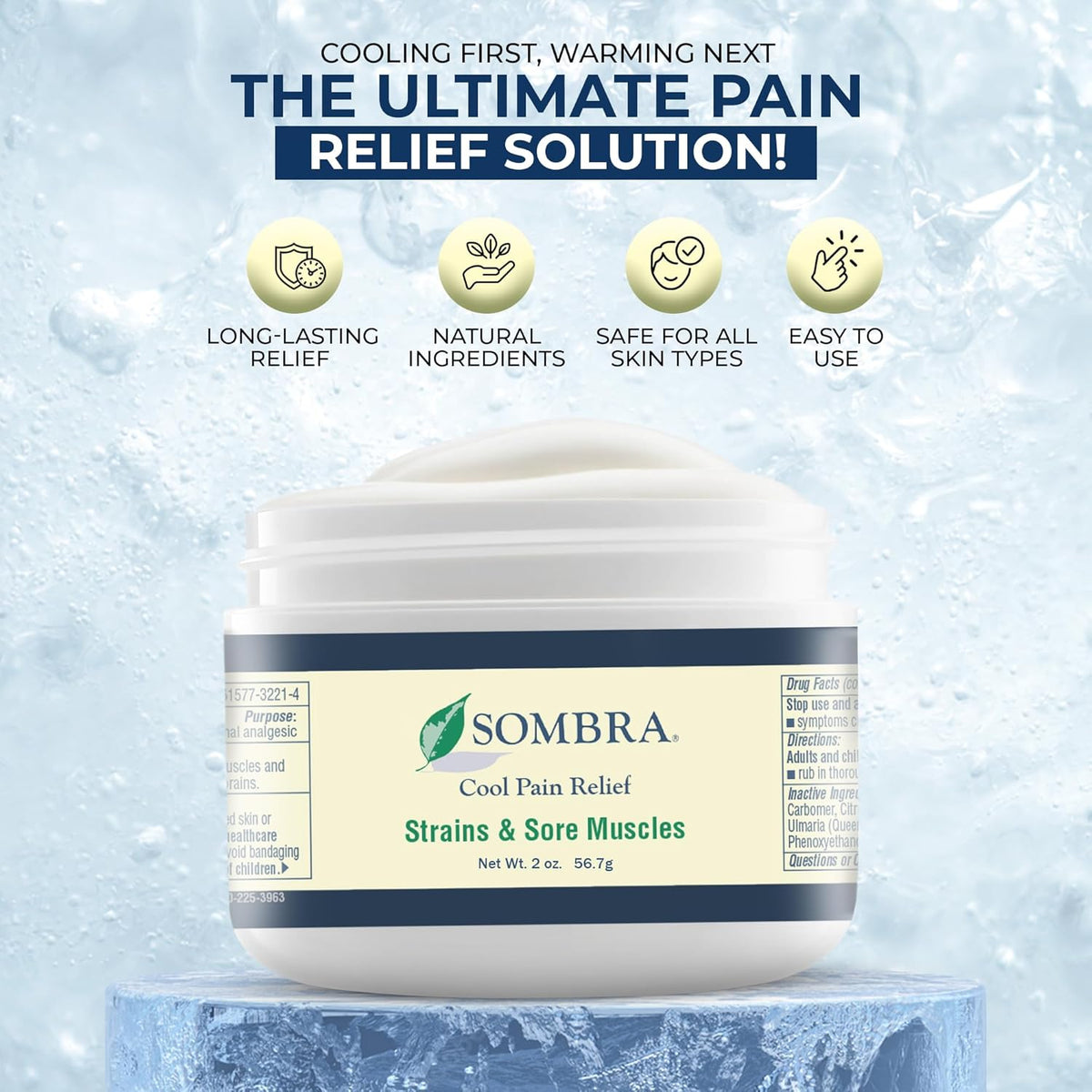 Sombra Cool Pain Relief Gel Cold Pain Relief for Swelling, Growing Pains, Soreness, Post-Workout, Vegan Formula Free of Artificial Fragrances, Dyes, NSAID, Wax, Petroleum, Alcohol - 2oz Jar (2 Pack)