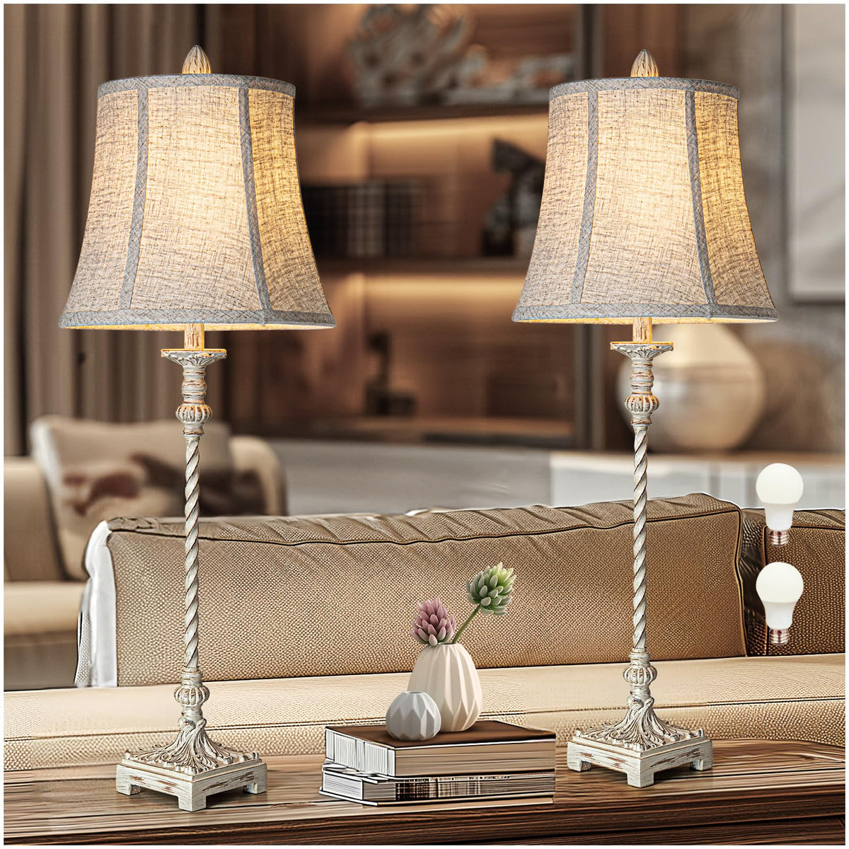 LuxSight European Country Vintage Style Candle Stick Buffet Table Lamps Set of 2, 33'' Tall Ivory White Linen Fabric Soft Bell Shade Stepless Dimming for Living Room Bedroom Dinning House Study Room