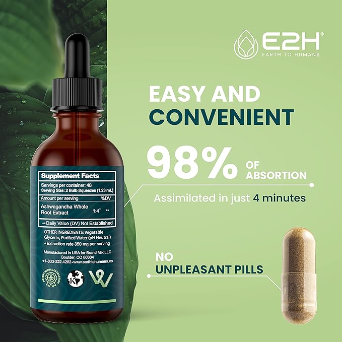 E2H Ashwagandha Liquid Drops - All-Natural Ashwagandha Supplement for Stress Relief and Mood Enhancer- Organic Ashwagandha Root Extract Effective Cortisol Manager | Non-GMO, Vegan (2 Bottles)