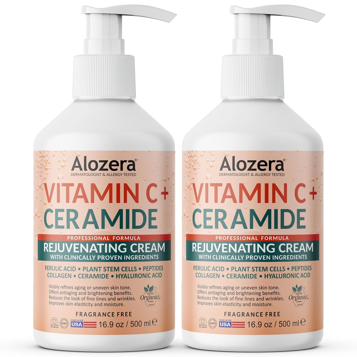 Vitamin C Body Lotion with Ceramides & Stem Cells, Anti-Aging Moisturizer Cream for Noticeably Youthful, Even Skin Tone, Lightweight, Fragrance-Free, 16.9 oz, 2-Pack