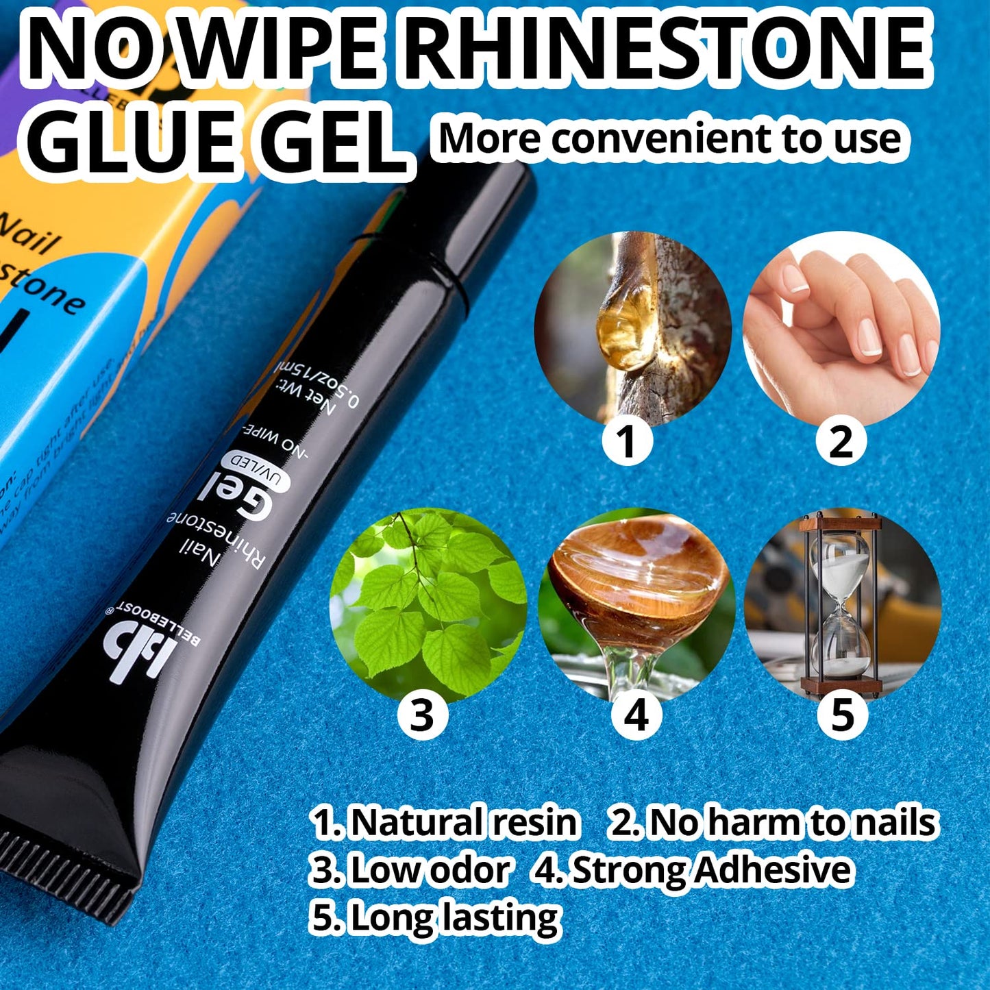Nail Art Rhinestone Glue Gel&2 Boxes Flatback Gems Kit, 1 Tube of 15ml Rhinestone Gel Glue(UV/LED Needed)+Crystal AB Gems+Flat-Back Round Glass Clear Gemstones with Pickup Tools