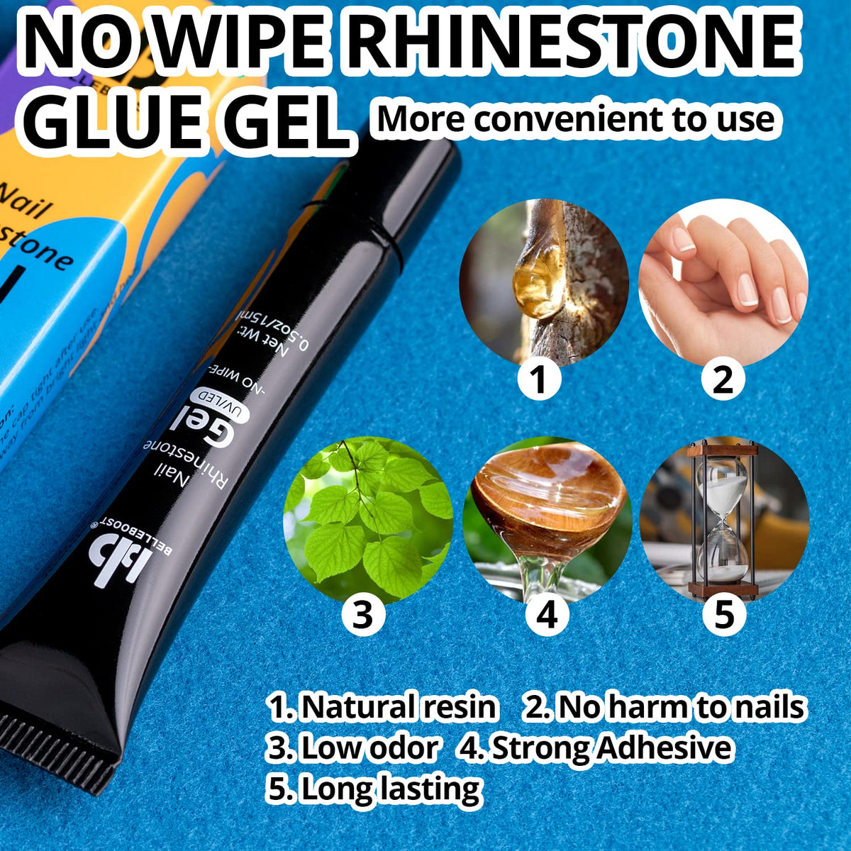 Nail Art Rhinestone Glue Gel&1 Box Flatback Gems Kit, 1 Tube of 15ml Rhinestone Gel Glue(UV/LED Needed)+Crystal AB Gems with Pickup Tools