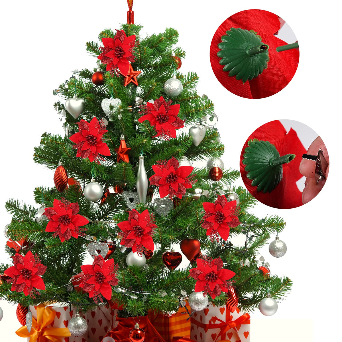 RECUTMS 10 PCS Red Glitter Poinsettia Flowers Christmas Tree Ornaments Fake Christmas Flowers Artificial Christmas Flowers Decorations Wedding Xmas Tree New Year Ornaments Wreath Decoration(Red)