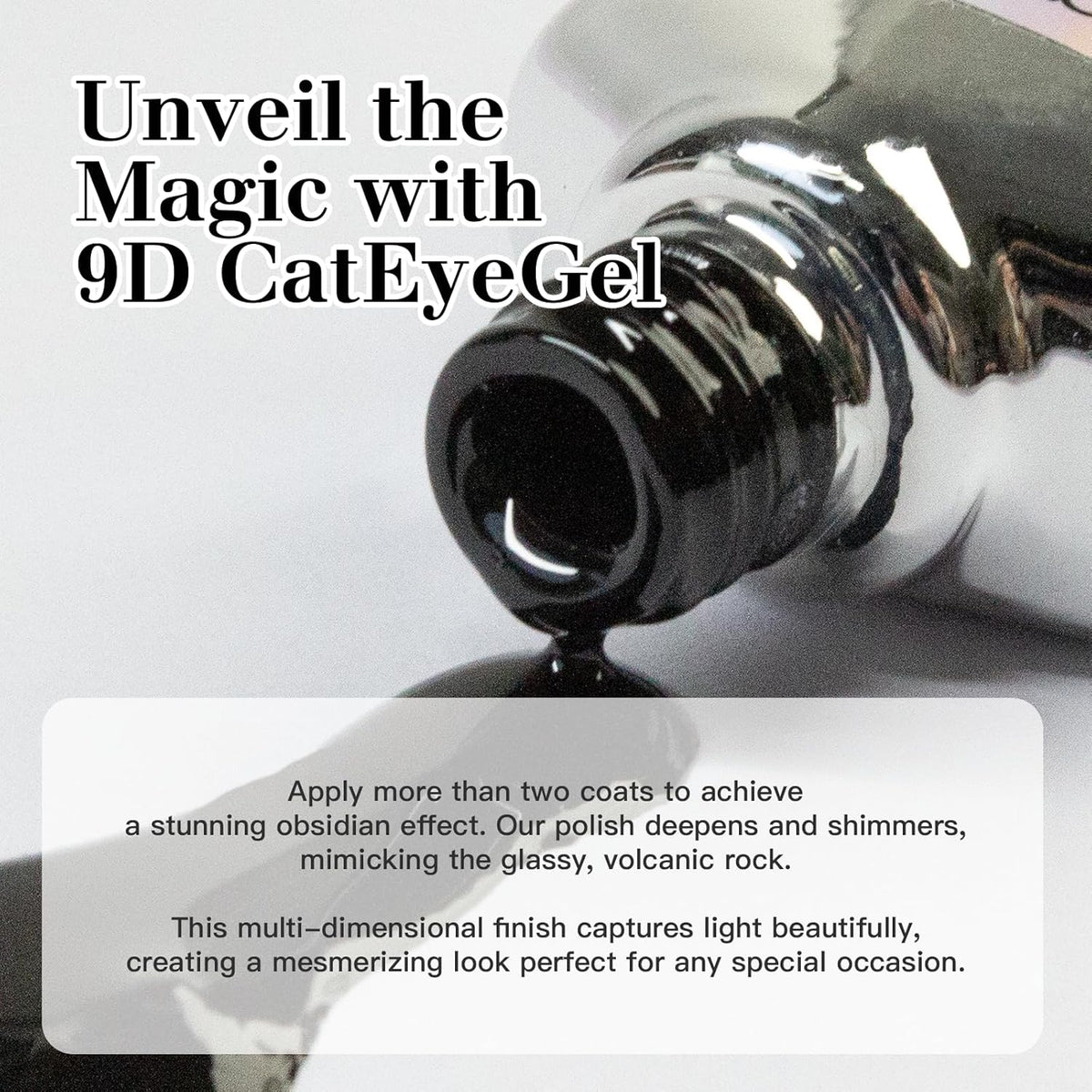 9D Cat Eye Gel Nail Polish Set, 15ml Obsidian Black Cat Eye Gel, Includes Silicone Handle Cylinder Magnetic Stick for Mesmerizing 9D Effects