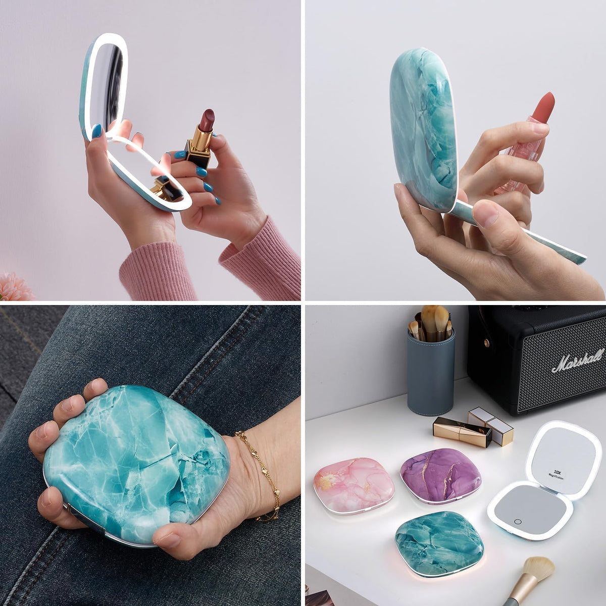 Mocado Compact LED Travel Makeup Mirror - 4 Inches 1X/10X Magnification Travel Mirror with Light Dimmable Double Sides Lighted USB Rechargeable Compact Mirror for Purse,Pocket,Travel(Green Marble)