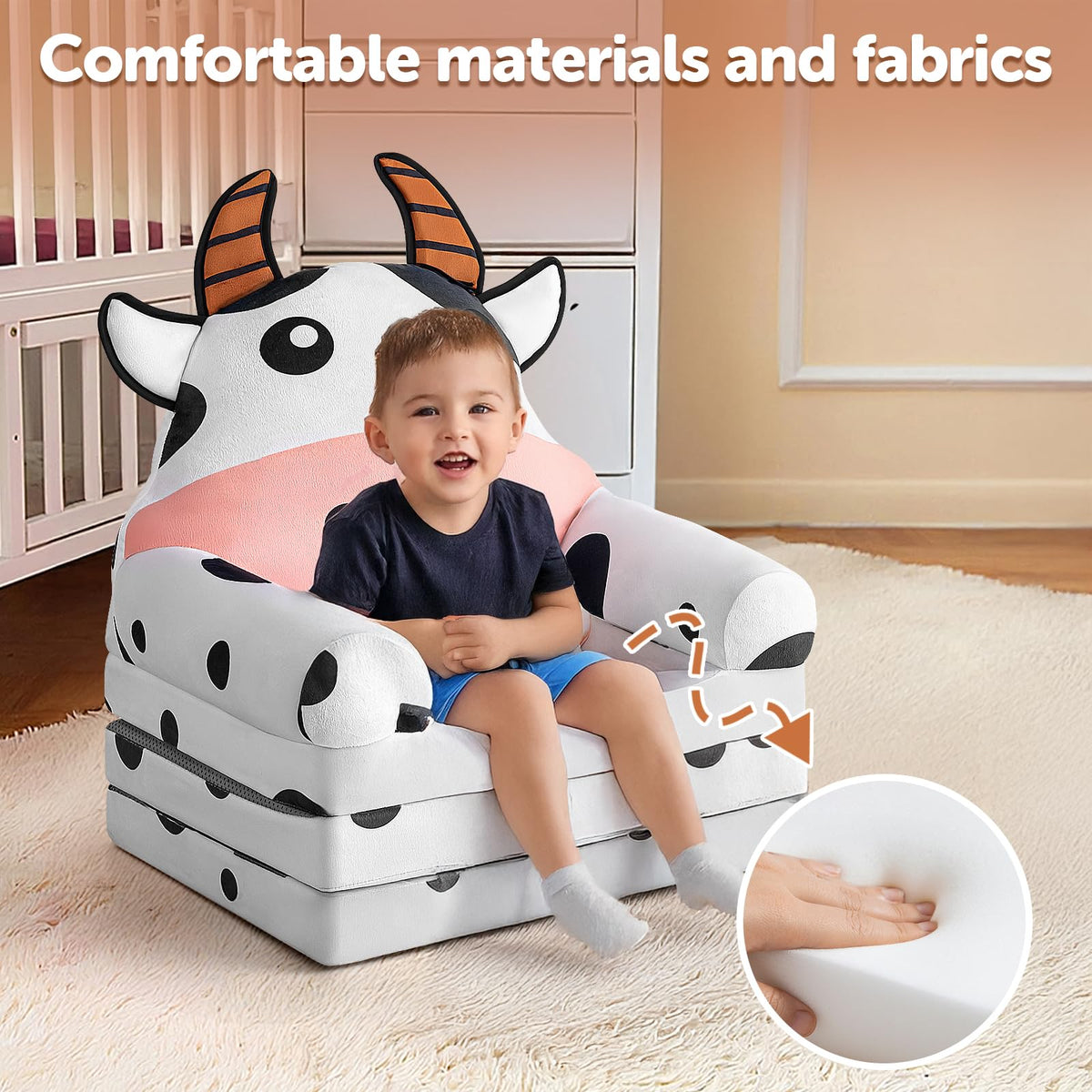 Kids Sofa Comfy, Adorable Animal Toddler Chair, Foldable Kids Couch with Removable Washable Cover, Soft & Breathable Fabric, No Assembly Needed, Foldable Baby Sofa(Dairy Cow)