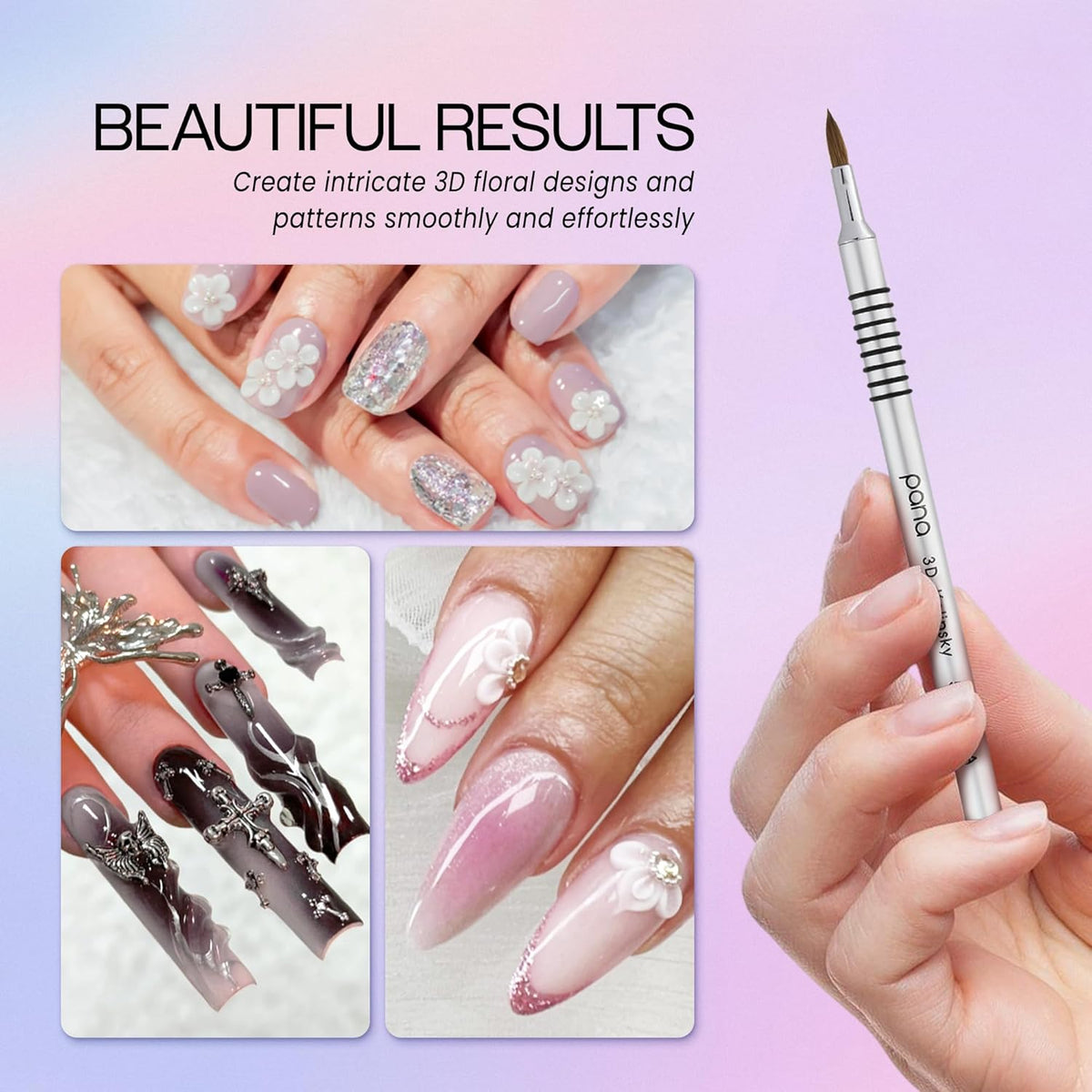 PANA 3D Kolinsky Acrylic Nail Art Sculpture Brush with Silver Metal Non-Slip Grip Handle for Manicures 3D Nail Art Flower Designs (Size #5)