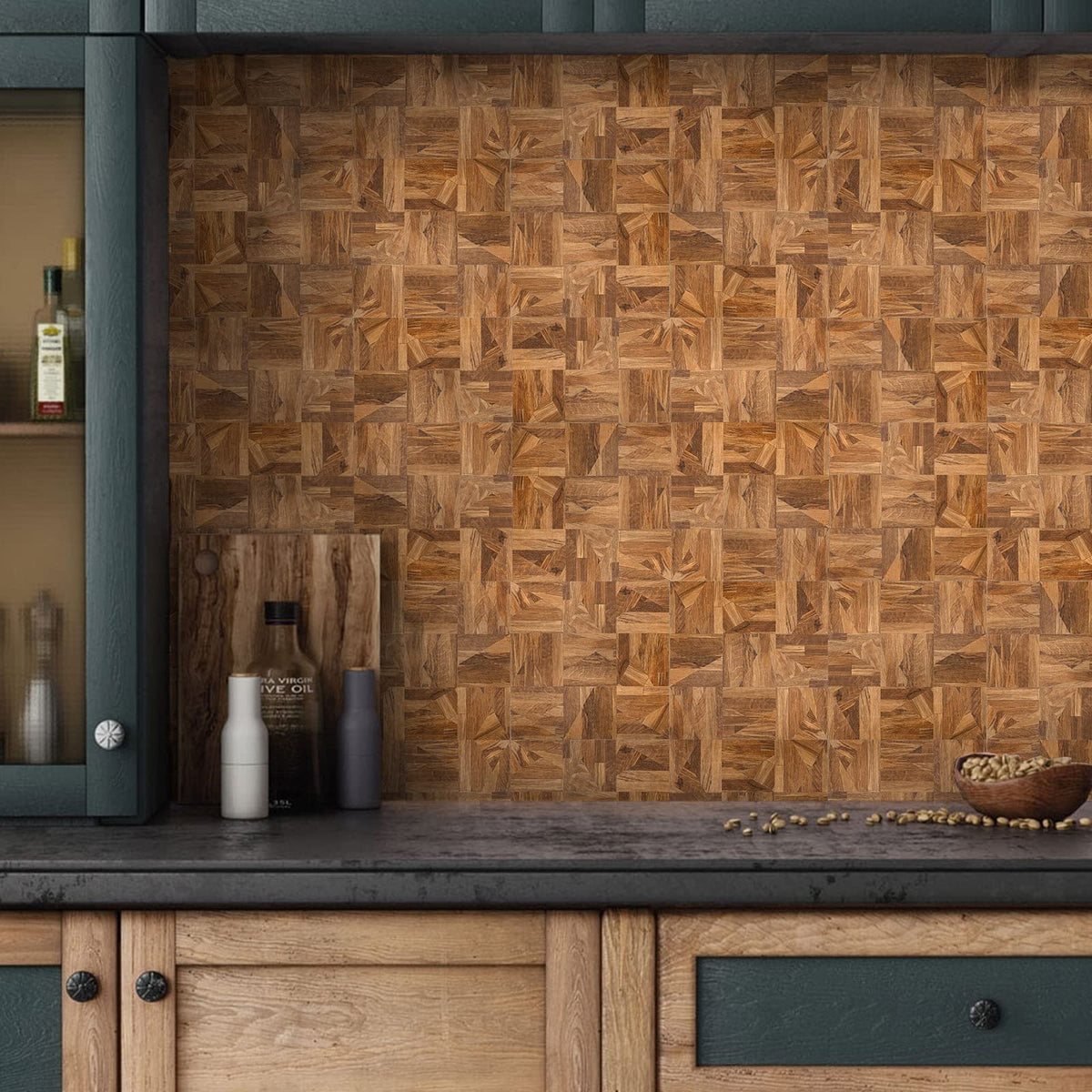 Midcard 10-Sheet Peel and Stick PVC Backsplash Tile, Natural Oak Triangle Puzzle