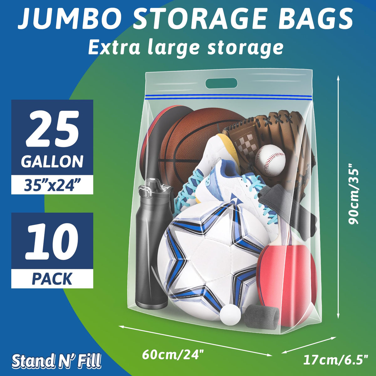 Extra Large 25 Gallon Storage Bags - 35” x 24” with Resealable Zip and Carry Handle, Ideal for Clothes, Pillows, Moving and Travel, Set of 10
