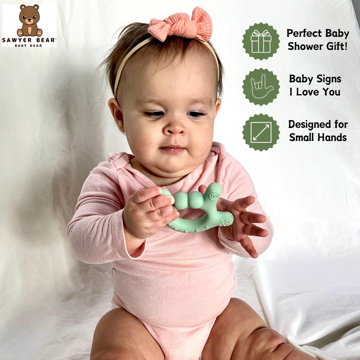 I Love You Silicone Hand Teether by Sawyer Bear Baby Gear, Teethers for Babies 3-6 Months, Soft Teething Toys 6-12 Months bpa Free, Massaging Teething Relief (Light Green)