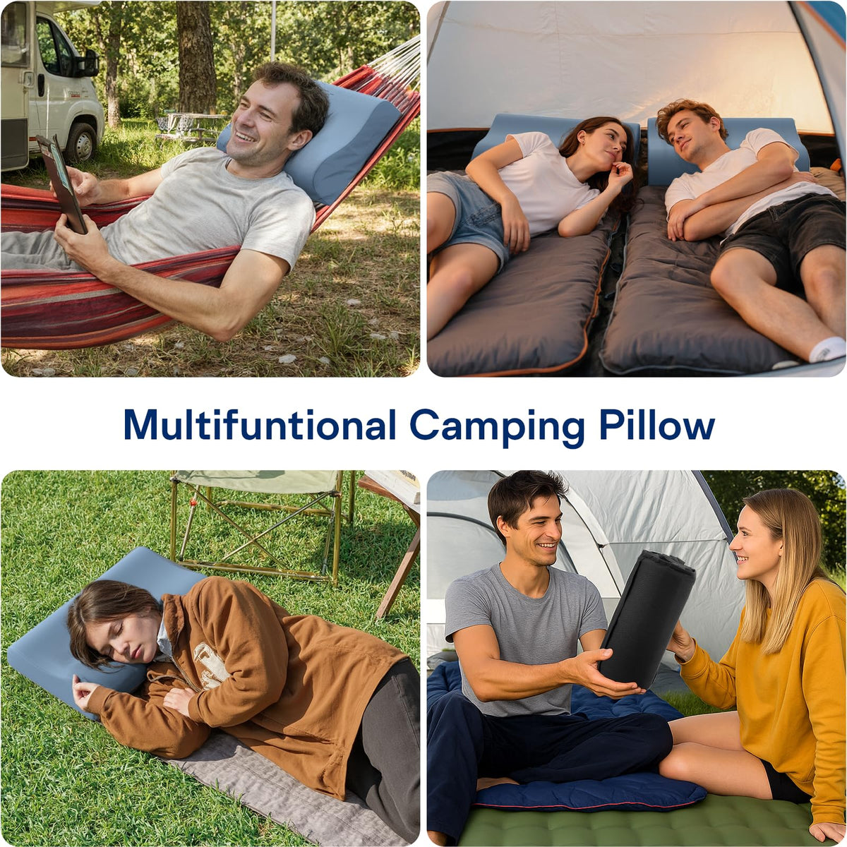 Ruizman Camping Pillows for Sleeping - Memory Foam Travel Pillow 2 Heights Use - Small Travel Pillow for Camping, Hiking, Backpacking with Storage Bag (Blue)